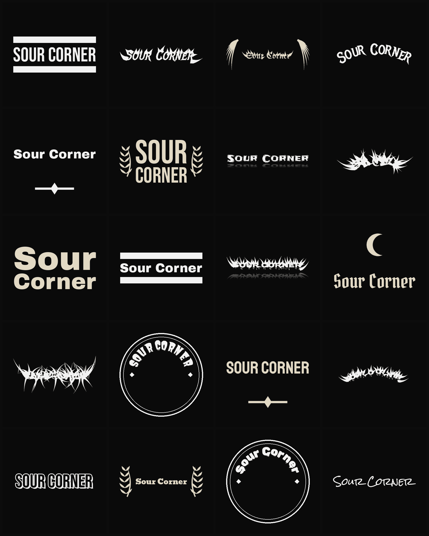 Twenty Sour Corner band logo ideas — different faces, treatments and spike settings
