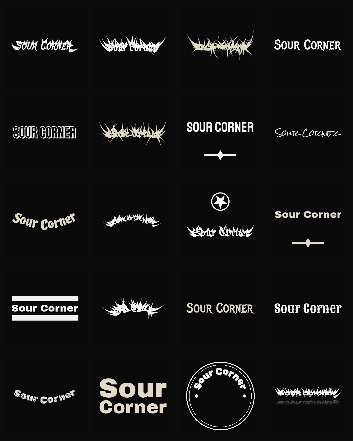 Twenty Sour Corner band logo ideas — different faces, treatments and spike settings