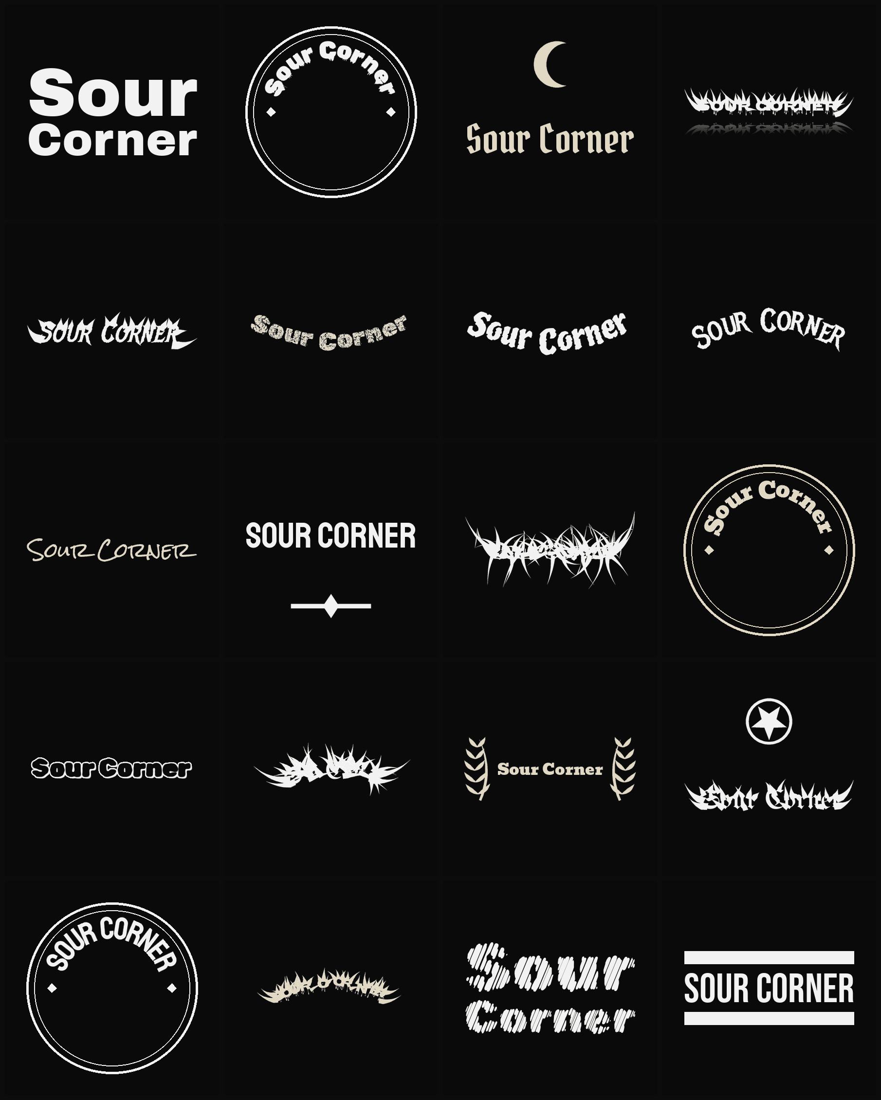 Twenty Sour Corner band logo ideas — different faces, treatments and spike settings