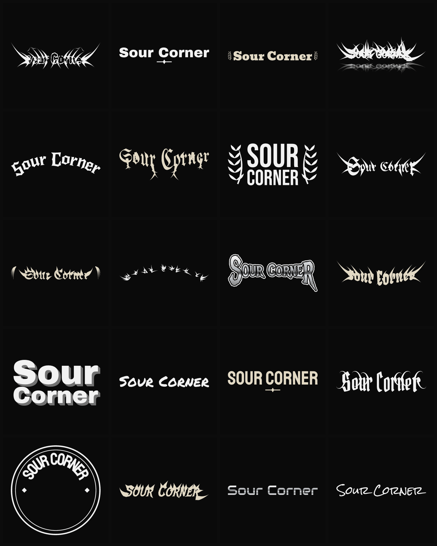 Twenty Sour Corner band logo ideas — different faces, treatments and spike settings