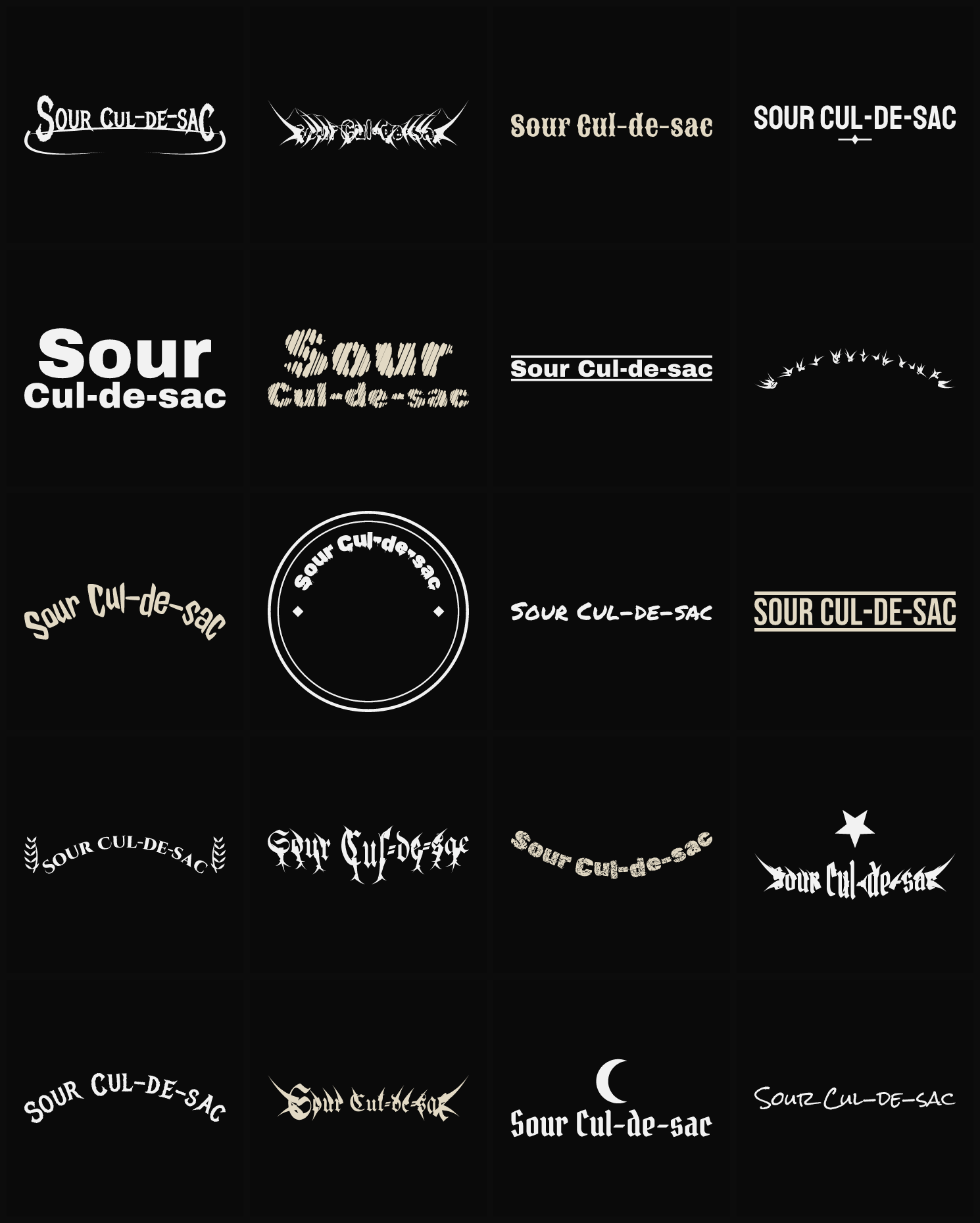 Twenty Sour Cul-de-sac band logo ideas — different faces, treatments and spike settings