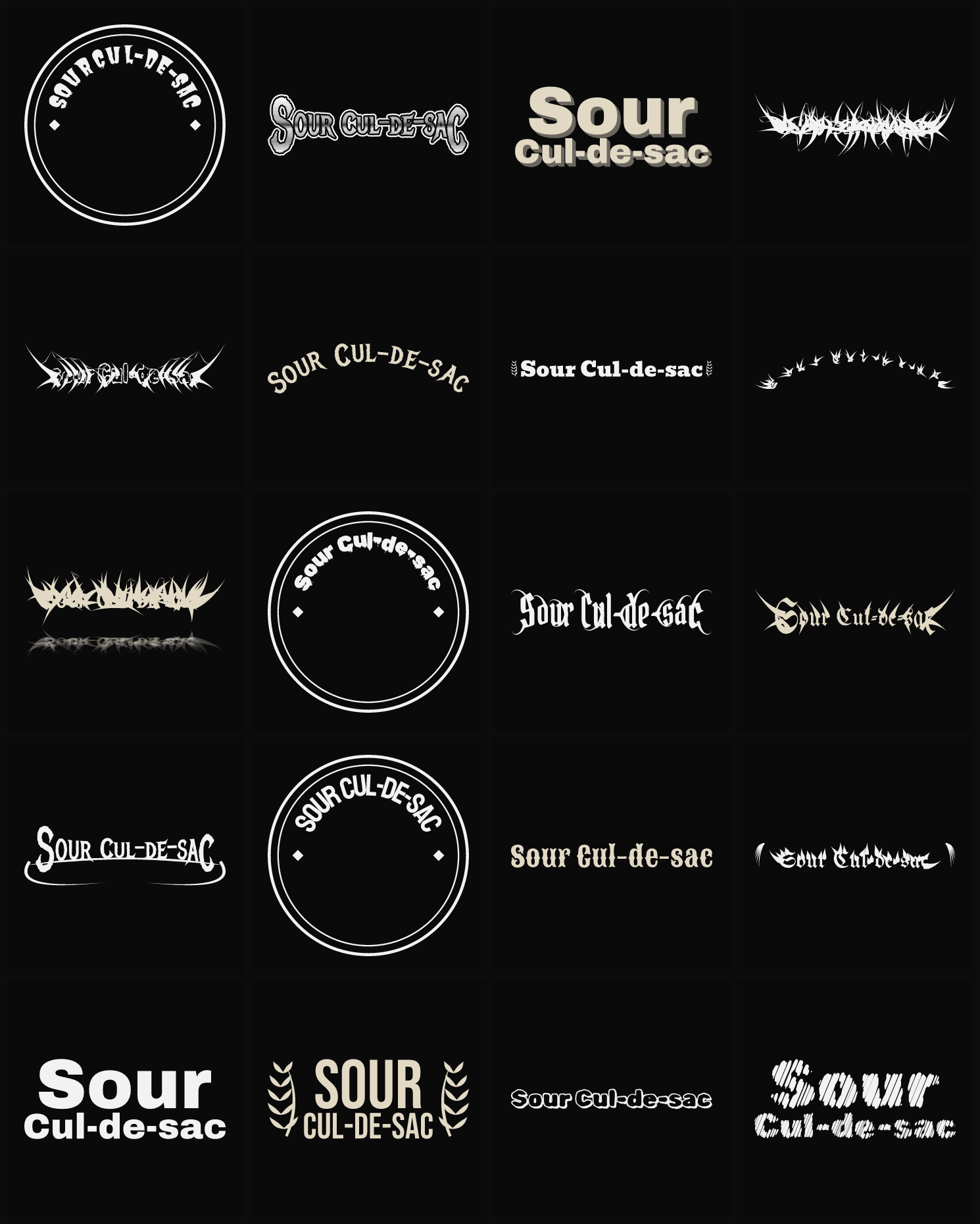 Twenty Sour Cul-de-sac band logo ideas — different faces, treatments and spike settings