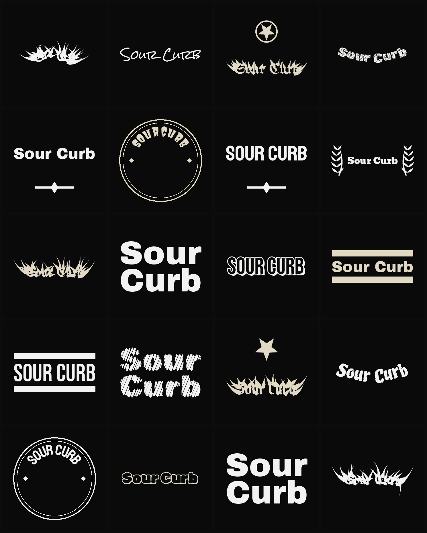 Twenty Sour Curb band logo ideas — different faces, treatments and spike settings