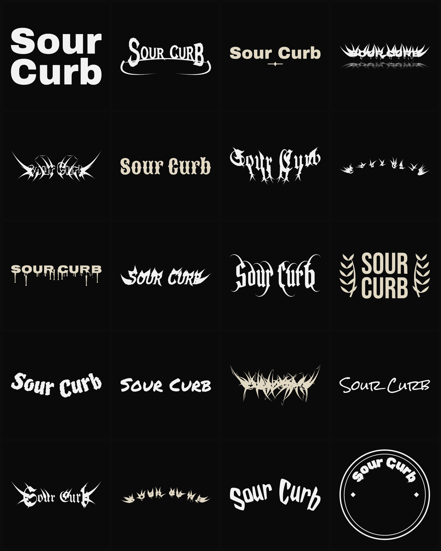 Twenty Sour Curb band logo ideas — different faces, treatments and spike settings