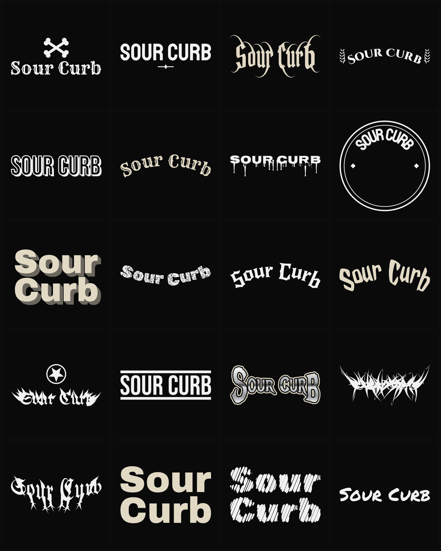 Twenty Sour Curb band logo ideas — different faces, treatments and spike settings