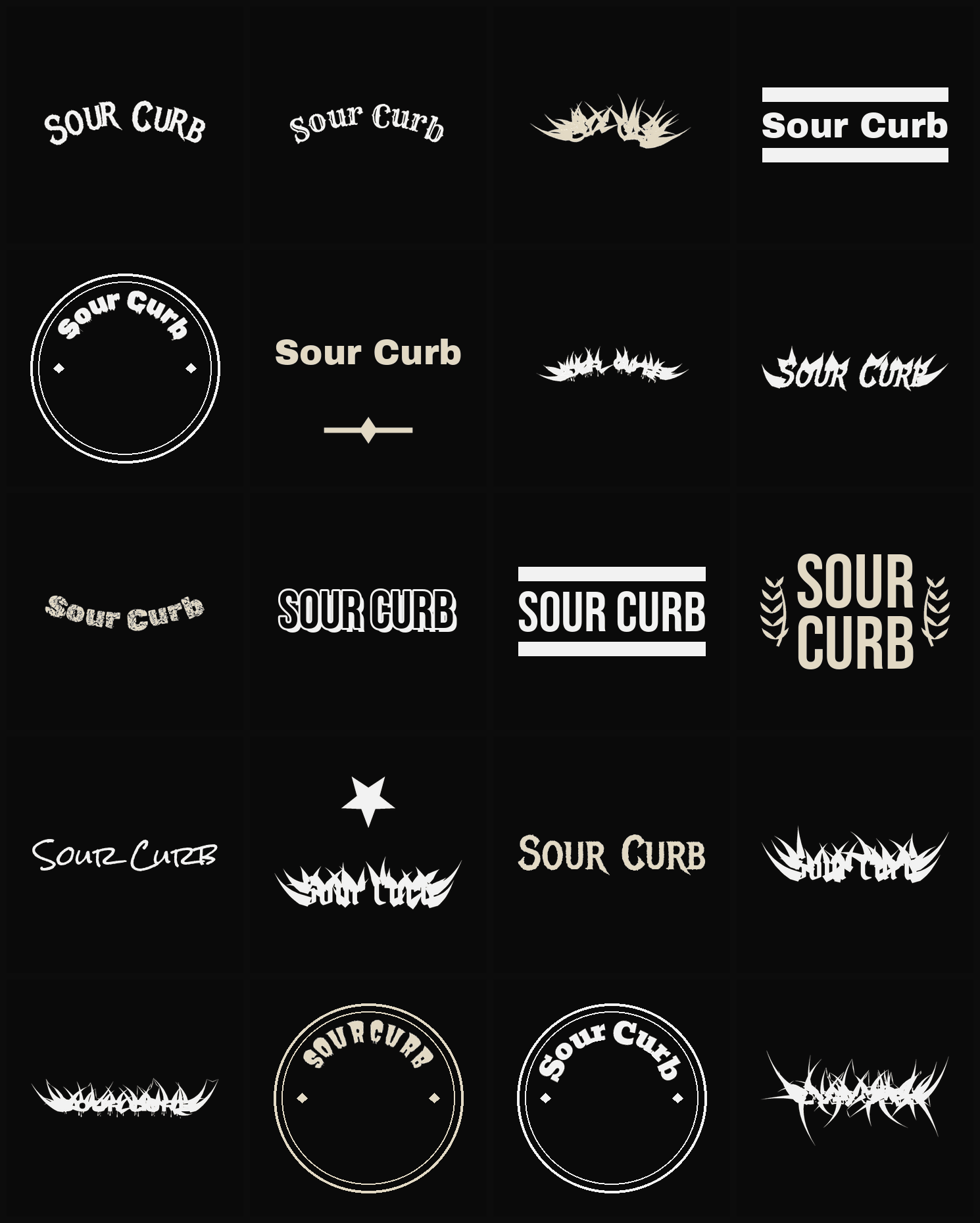 Twenty Sour Curb band logo ideas — different faces, treatments and spike settings