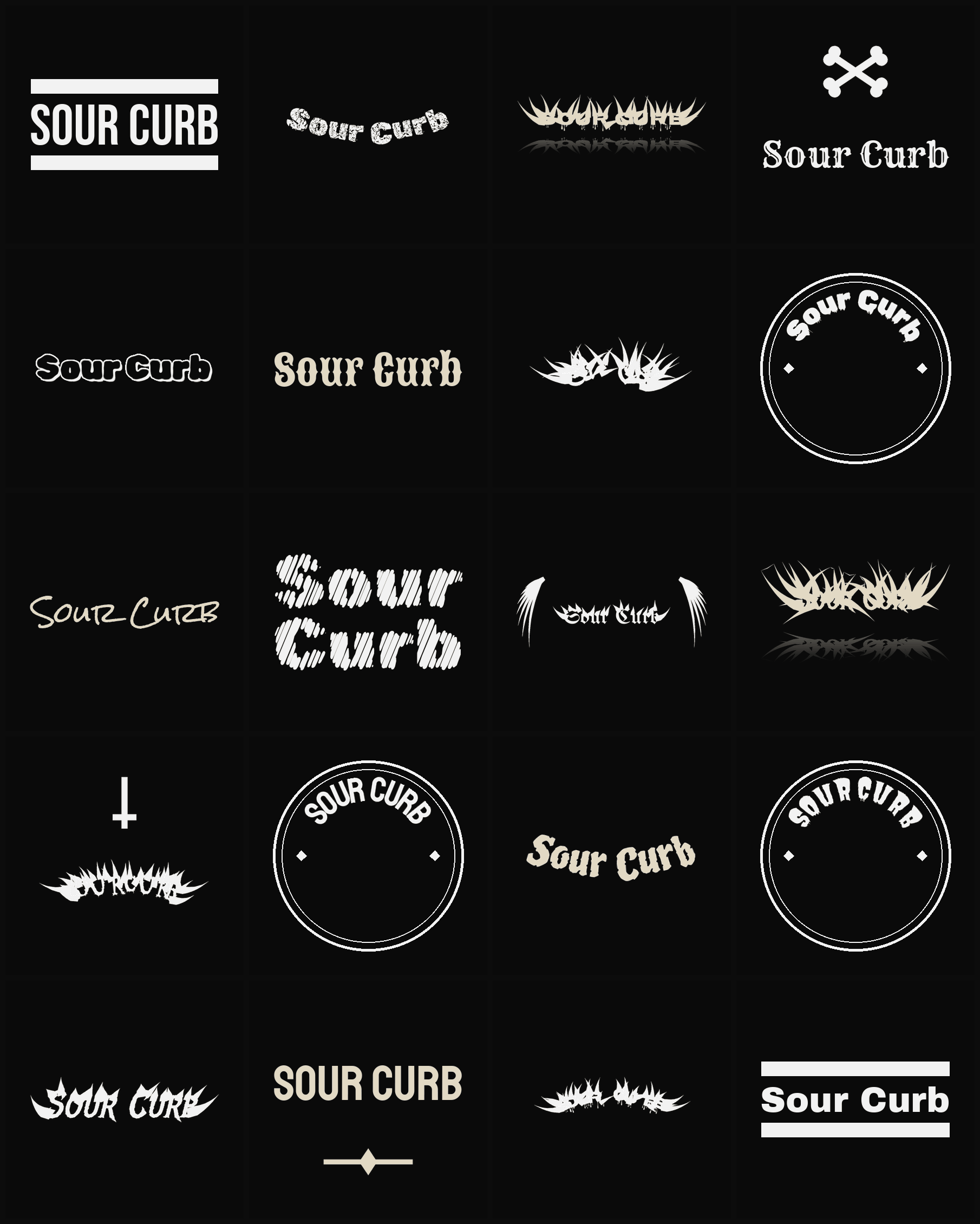 Twenty Sour Curb band logo ideas — different faces, treatments and spike settings