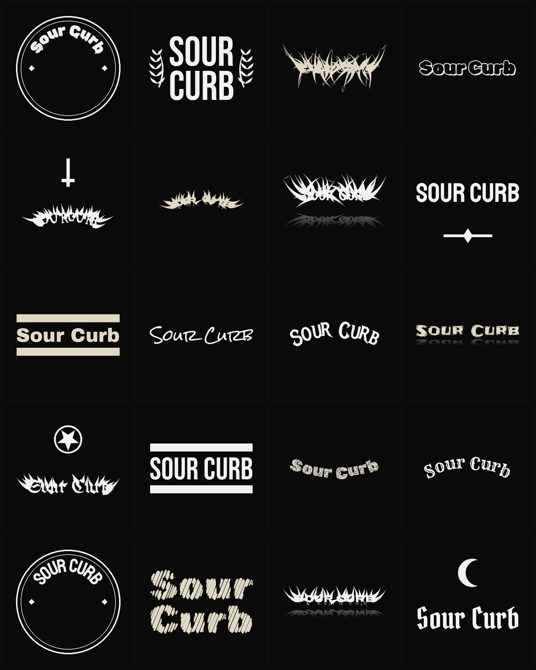 Twenty Sour Curb band logo ideas — different faces, treatments and spike settings