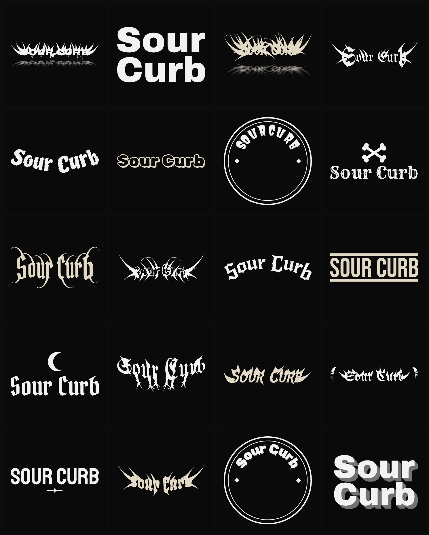 Twenty Sour Curb band logo ideas — different faces, treatments and spike settings