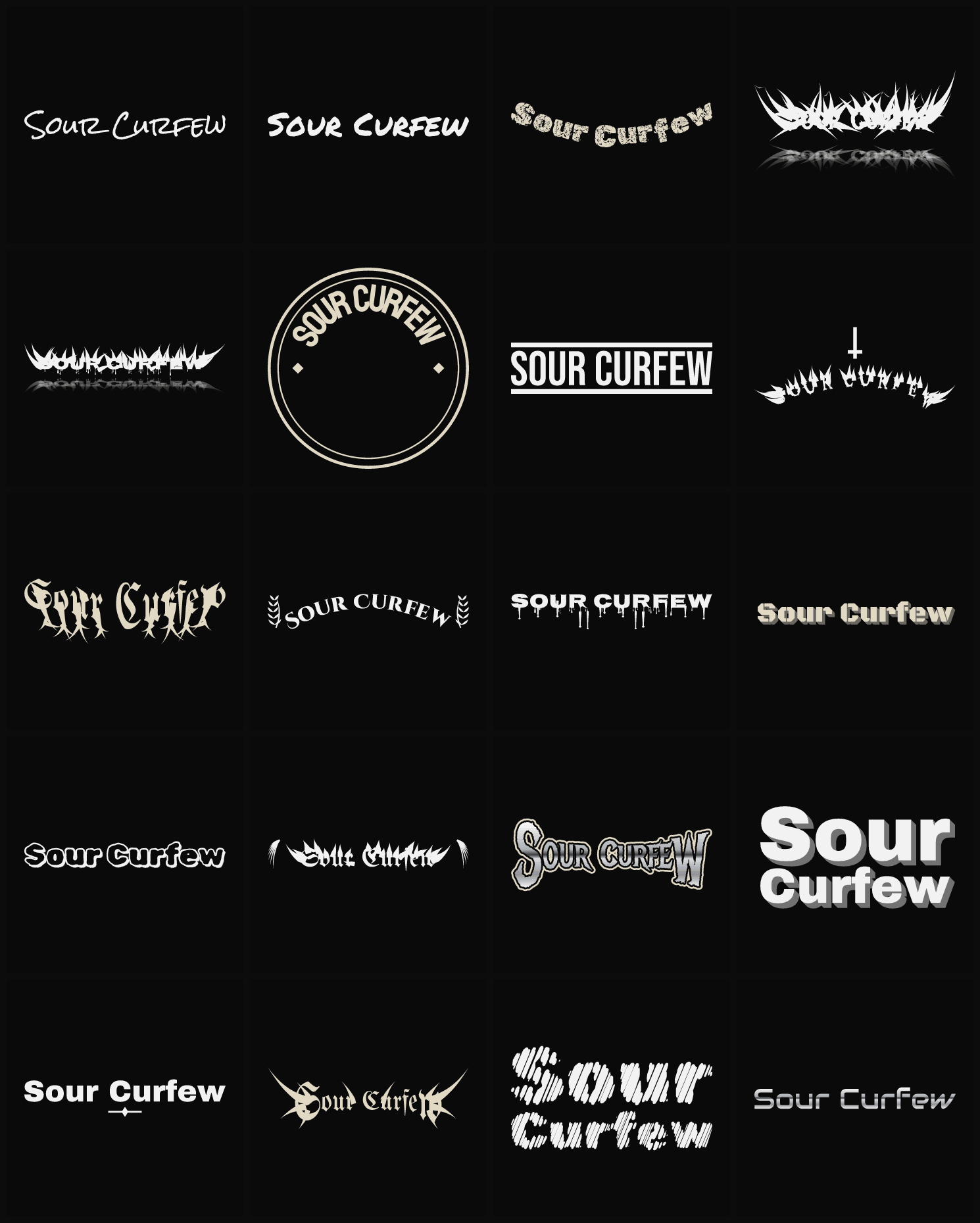 Twenty Sour Curfew band logo ideas — different faces, treatments and spike settings