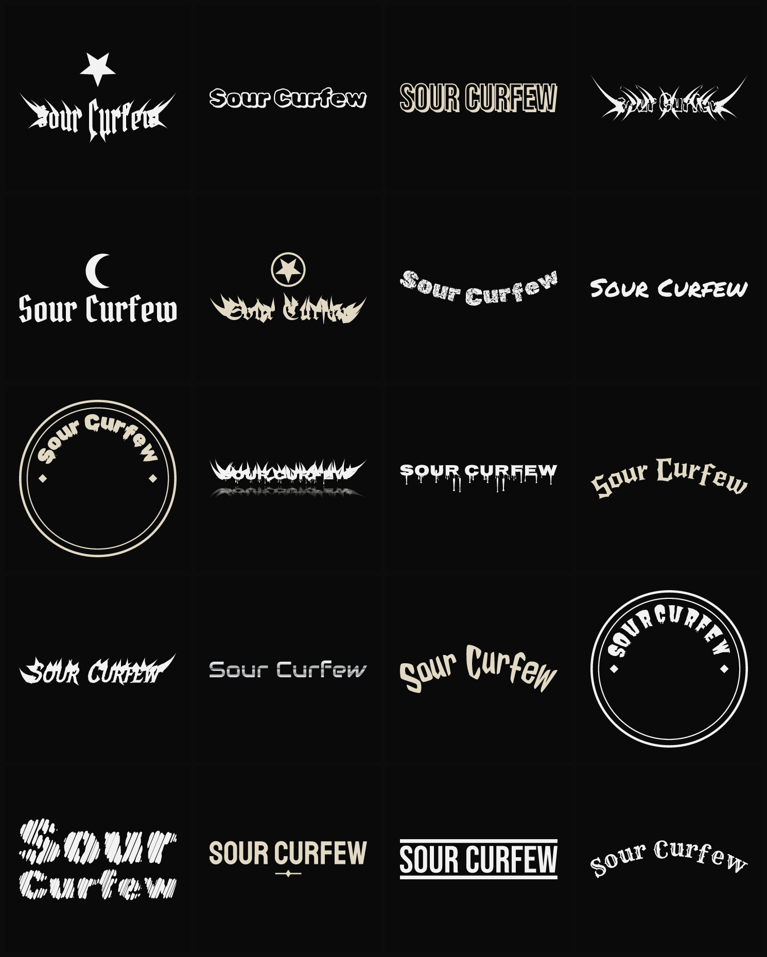 Twenty Sour Curfew band logo ideas — different faces, treatments and spike settings