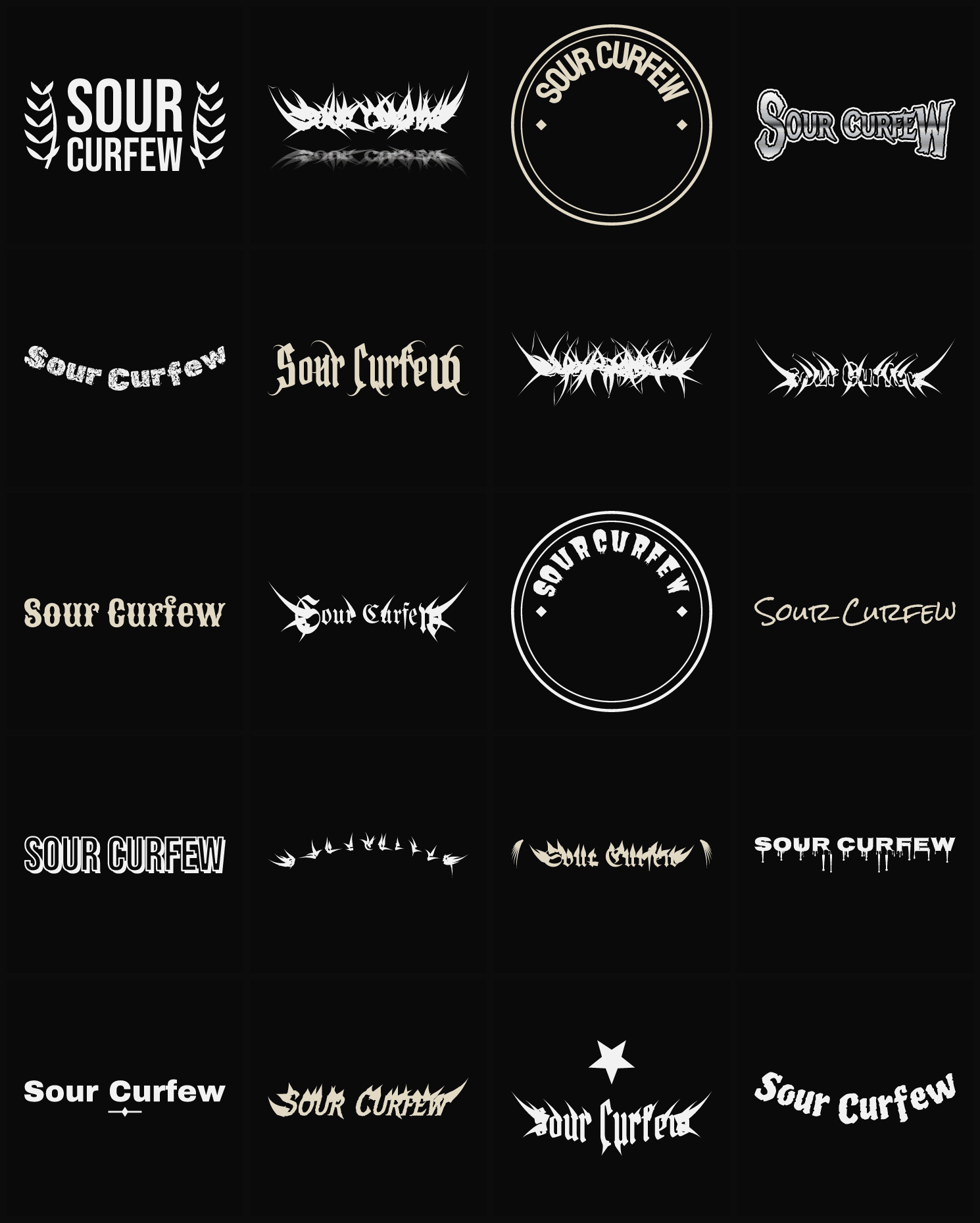 Twenty Sour Curfew band logo ideas — different faces, treatments and spike settings