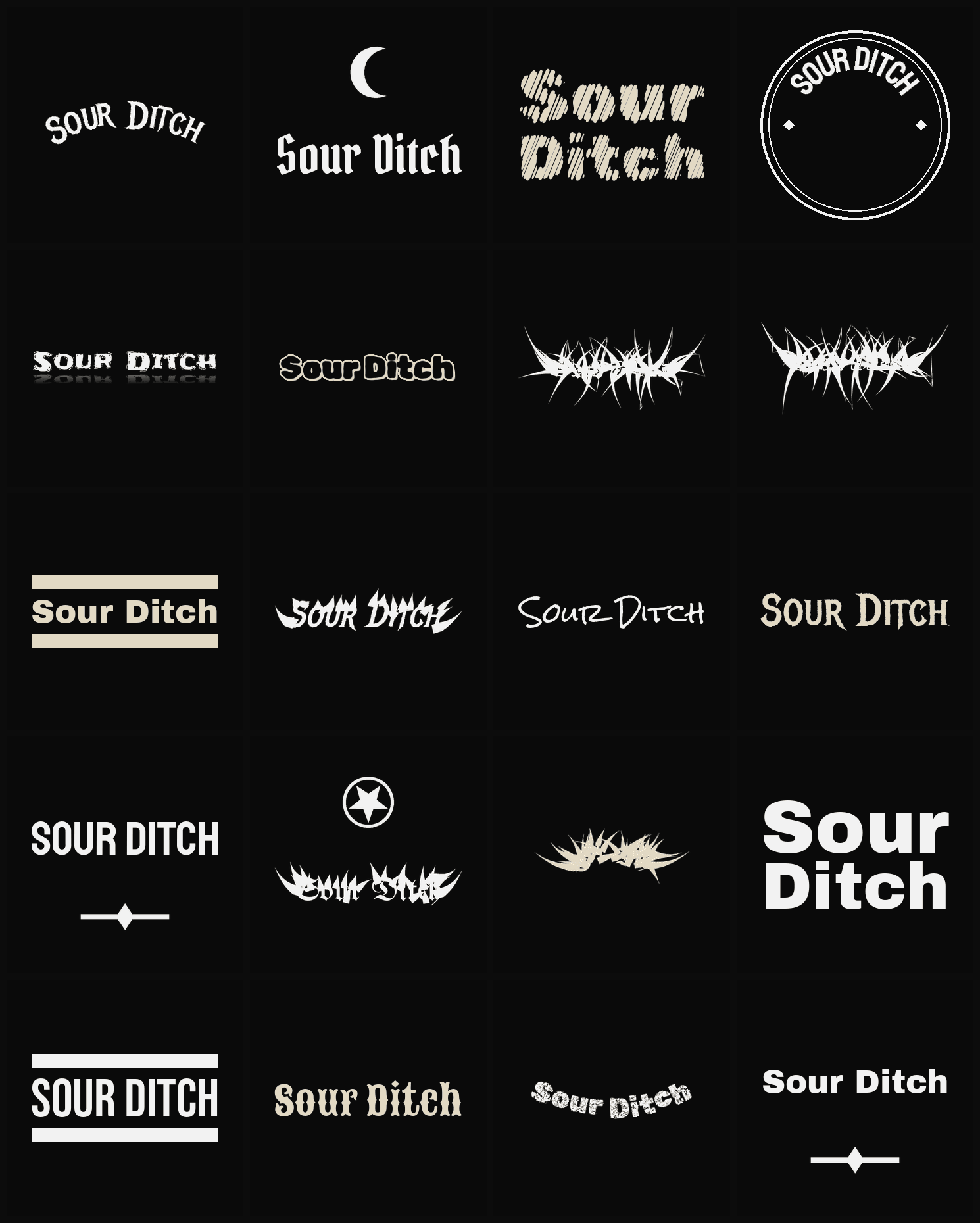 Twenty Sour Ditch band logo ideas — different faces, treatments and spike settings