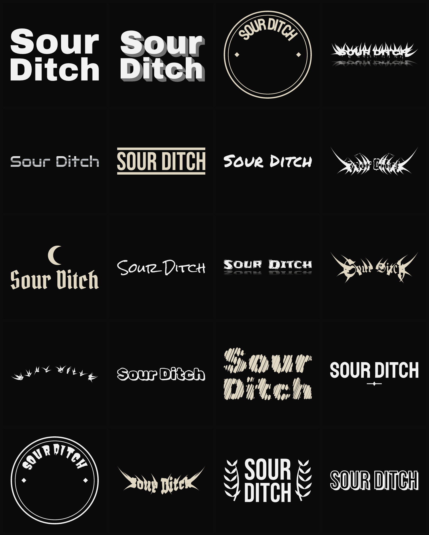 Twenty Sour Ditch band logo ideas — different faces, treatments and spike settings