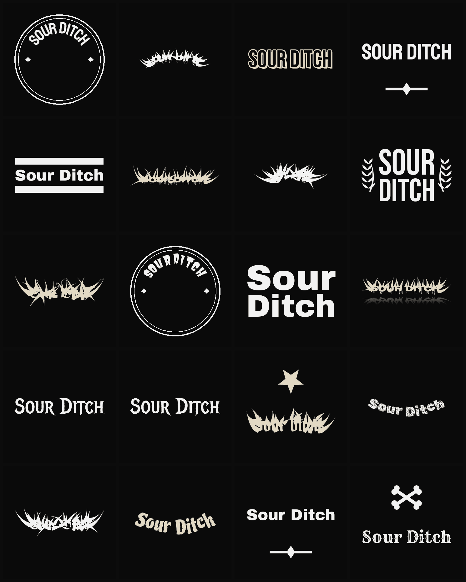 Twenty Sour Ditch band logo ideas — different faces, treatments and spike settings
