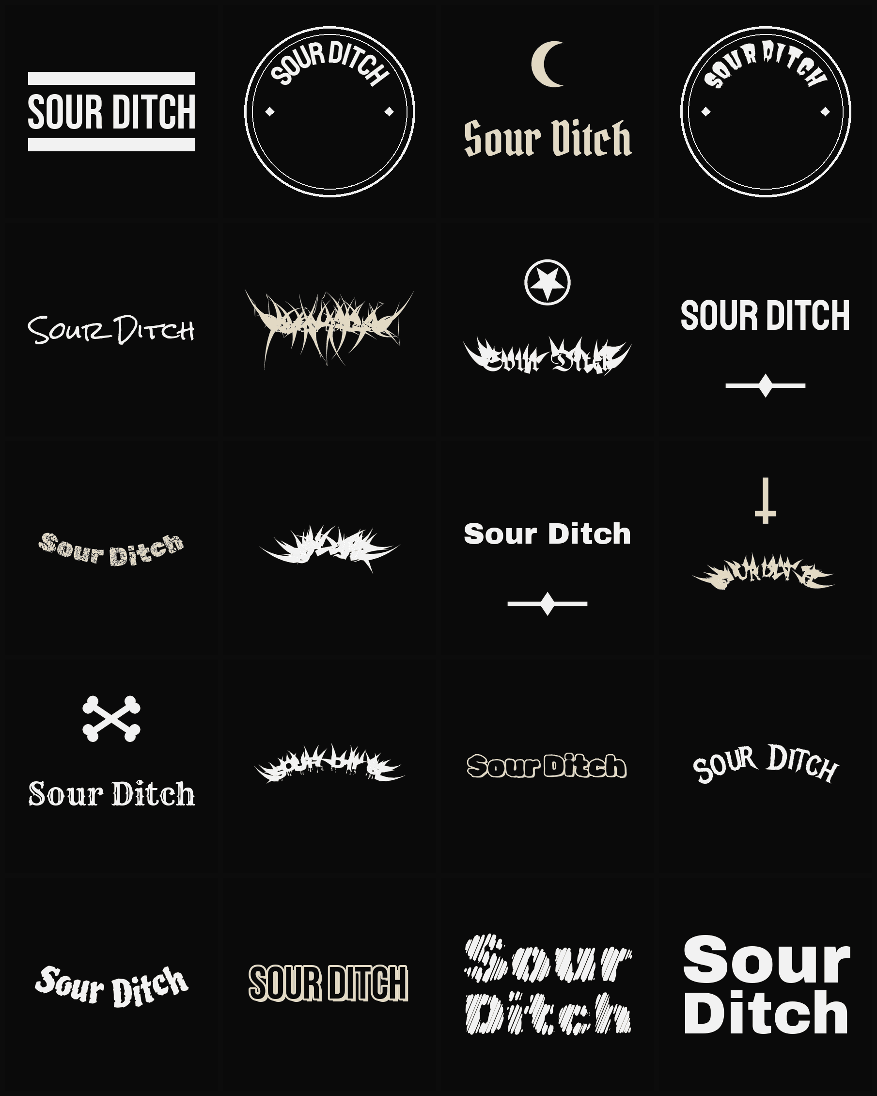 Twenty Sour Ditch band logo ideas — different faces, treatments and spike settings