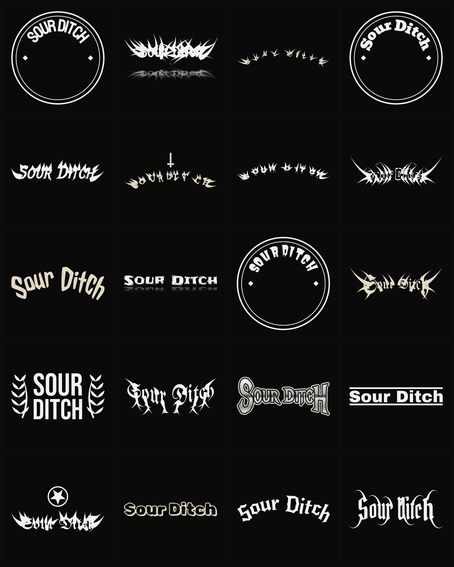 Twenty Sour Ditch band logo ideas — different faces, treatments and spike settings