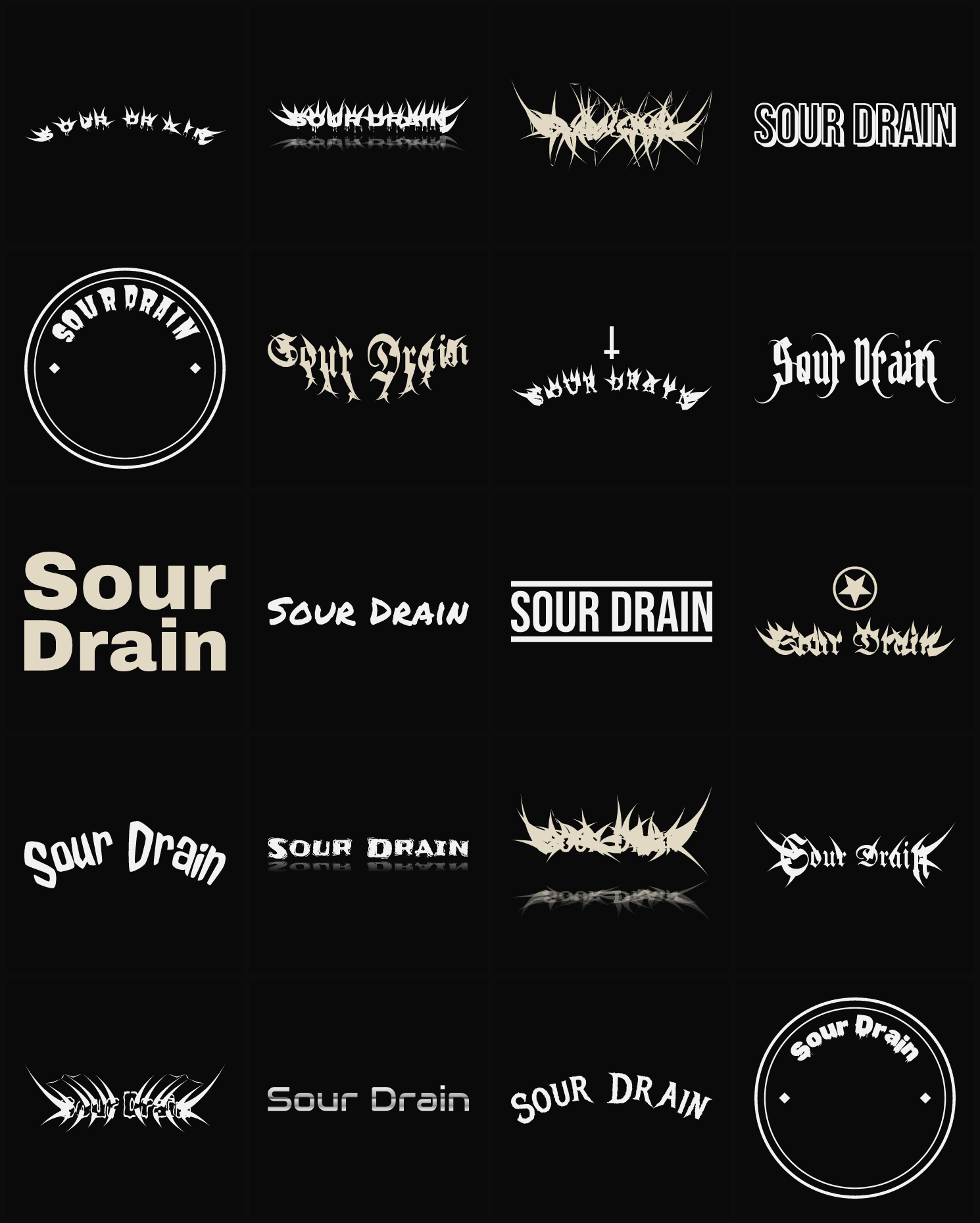 Twenty Sour Drain band logo ideas — different faces, treatments and spike settings