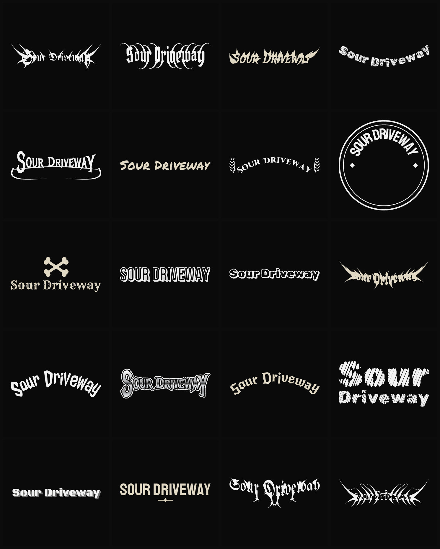 Twenty Sour Driveway band logo ideas — different faces, treatments and spike settings