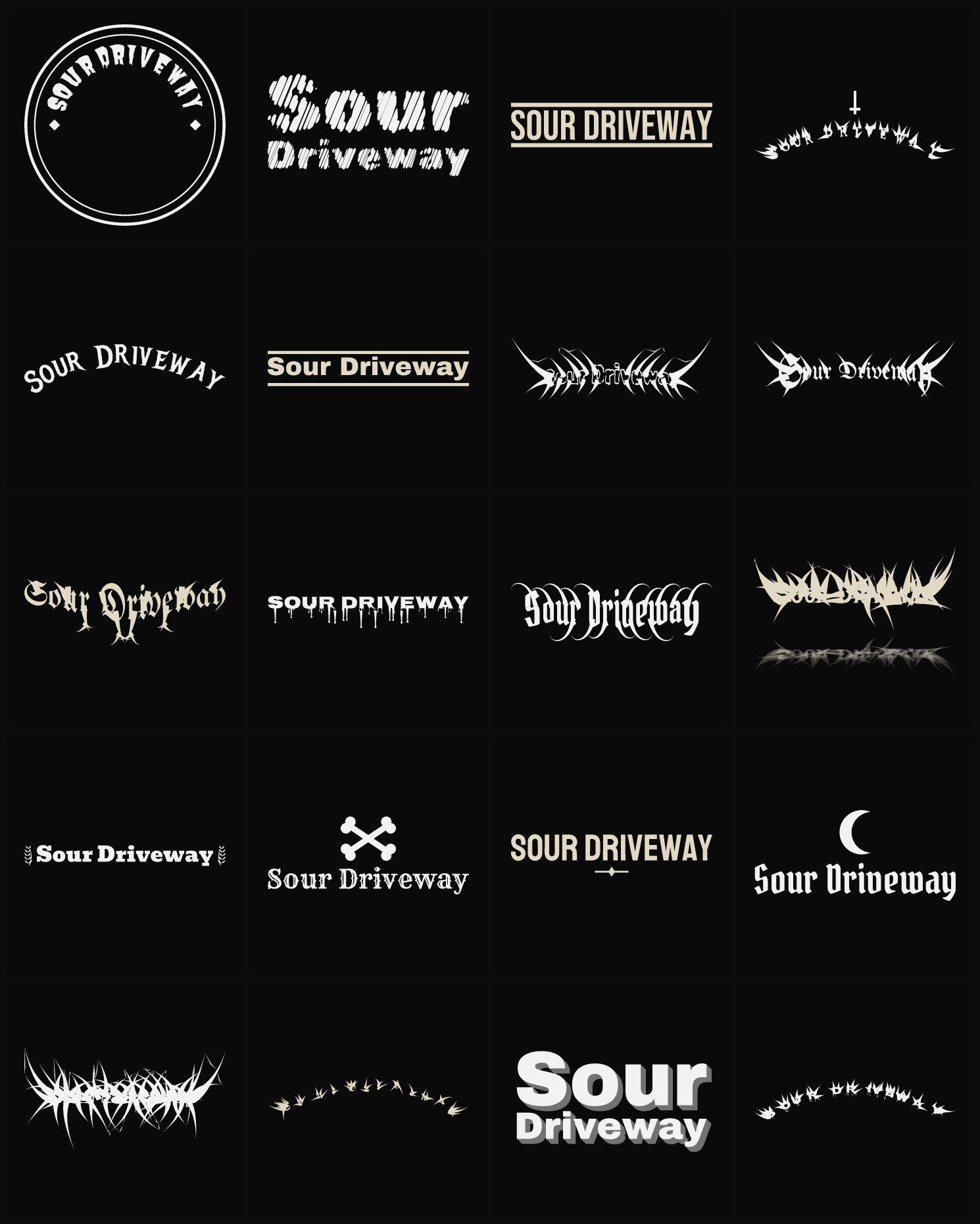 Twenty Sour Driveway band logo ideas — different faces, treatments and spike settings