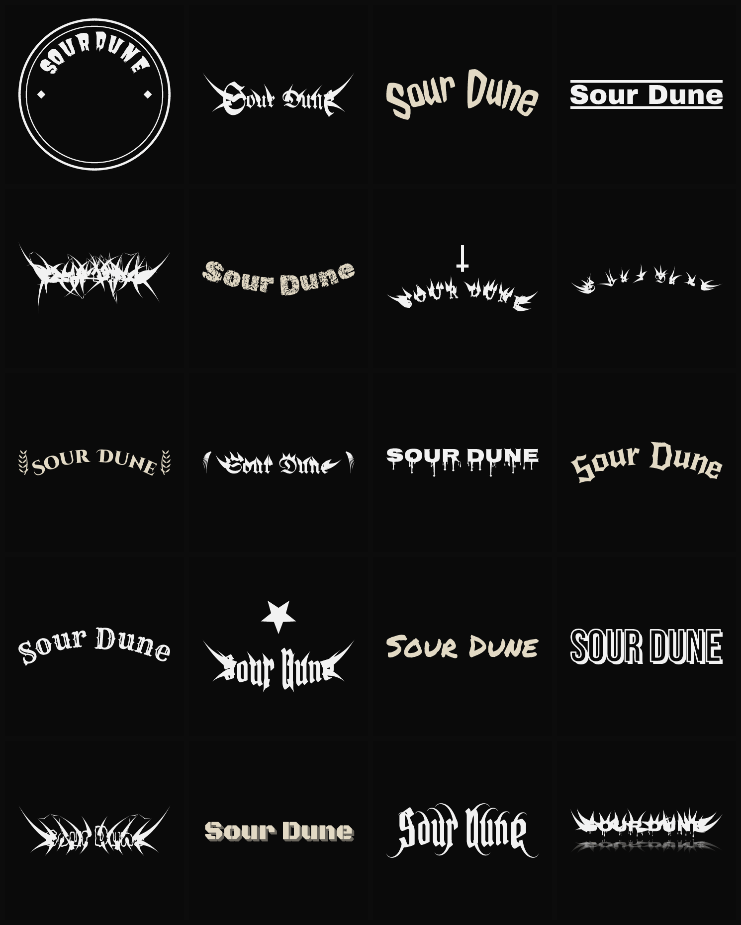 Twenty Sour Dune band logo ideas — different faces, treatments and spike settings