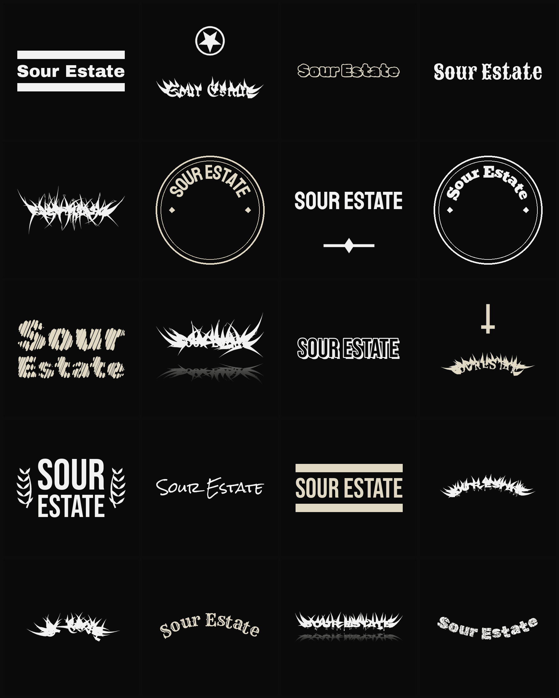 Twenty Sour Estate band logo ideas — different faces, treatments and spike settings