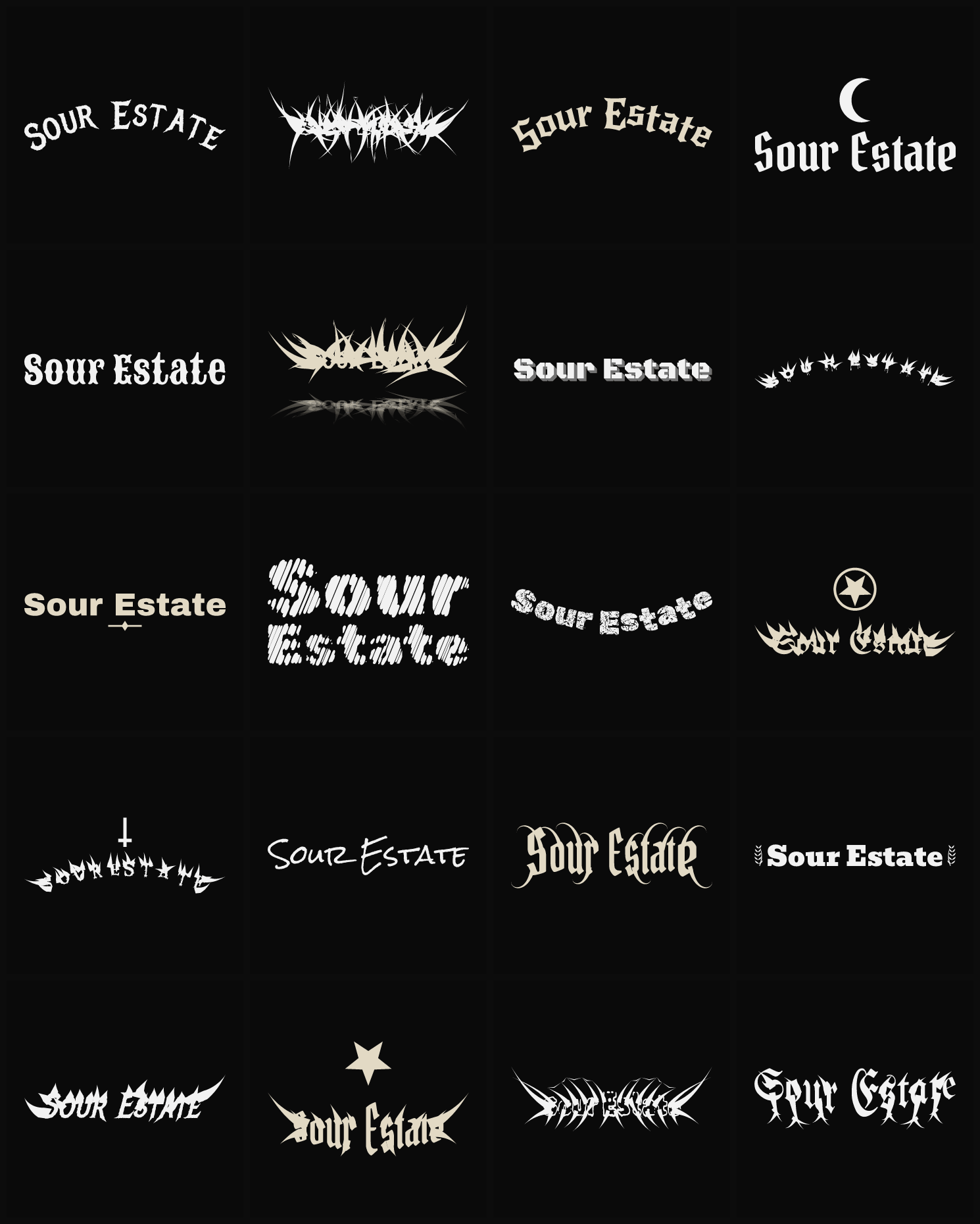 Twenty Sour Estate band logo ideas — different faces, treatments and spike settings