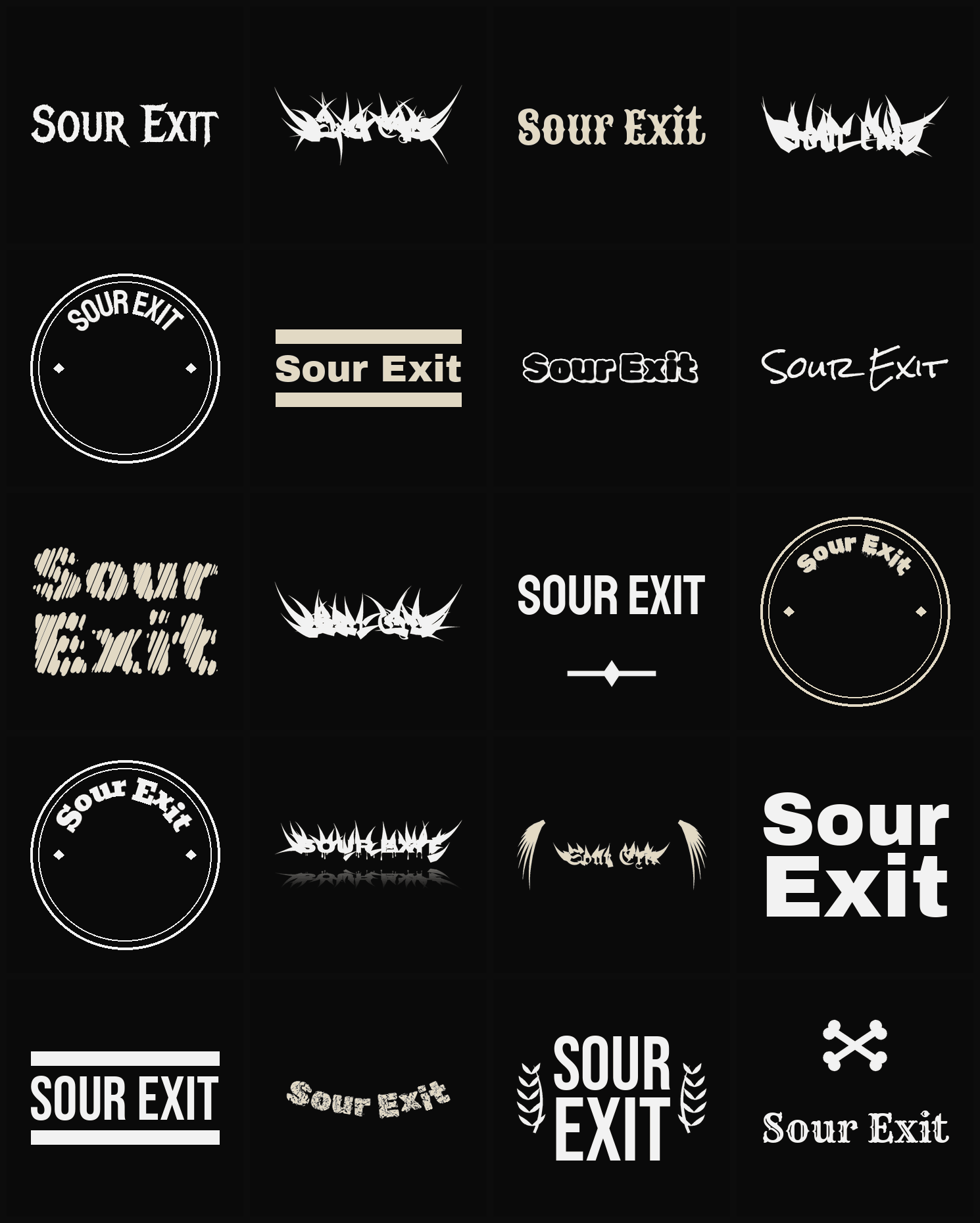 Twenty Sour Exit band logo ideas — different faces, treatments and spike settings