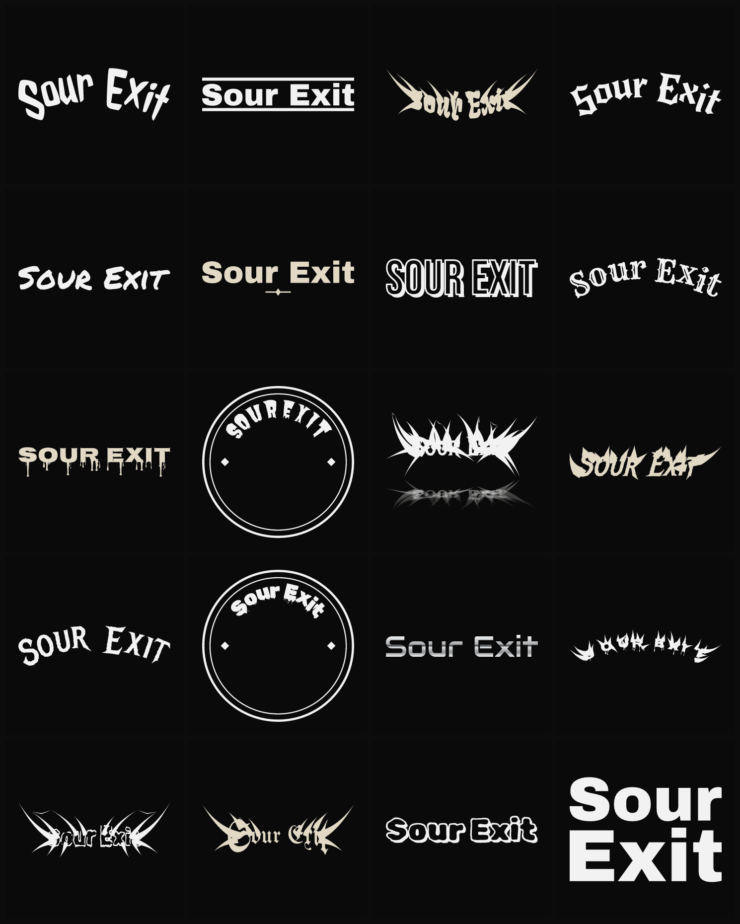 Twenty Sour Exit band logo ideas — different faces, treatments and spike settings