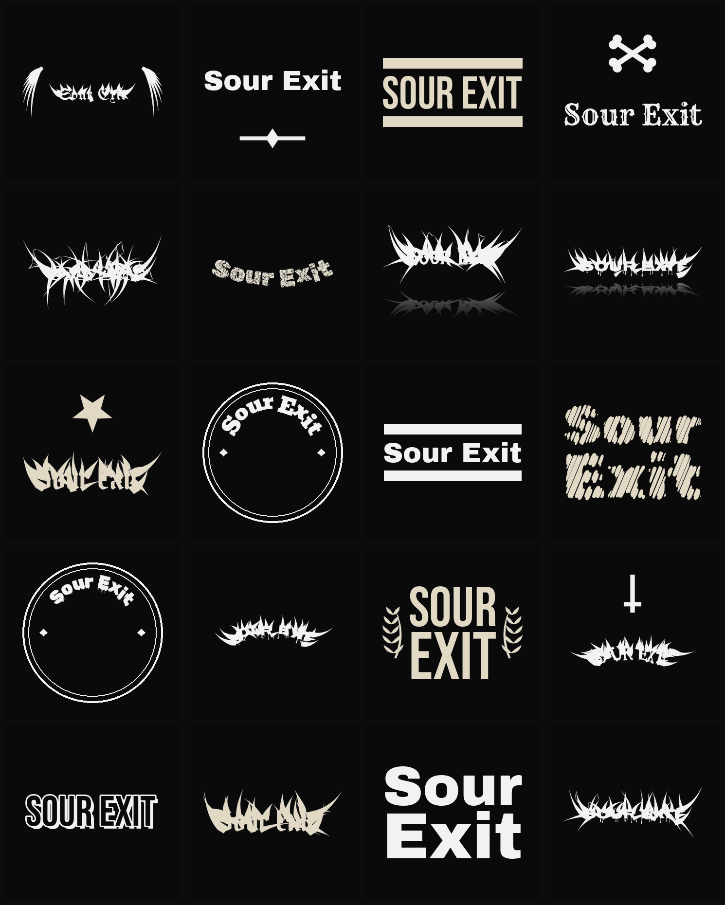 Twenty Sour Exit band logo ideas — different faces, treatments and spike settings