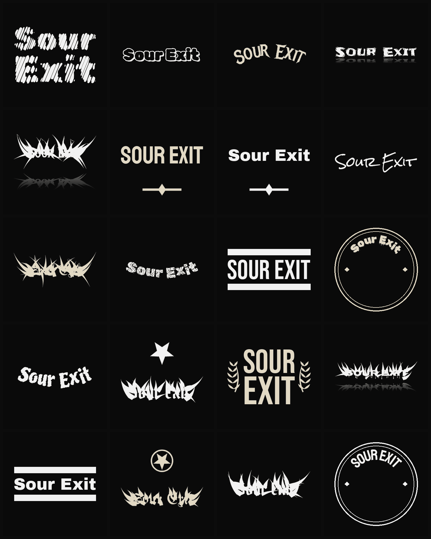 Twenty Sour Exit band logo ideas — different faces, treatments and spike settings