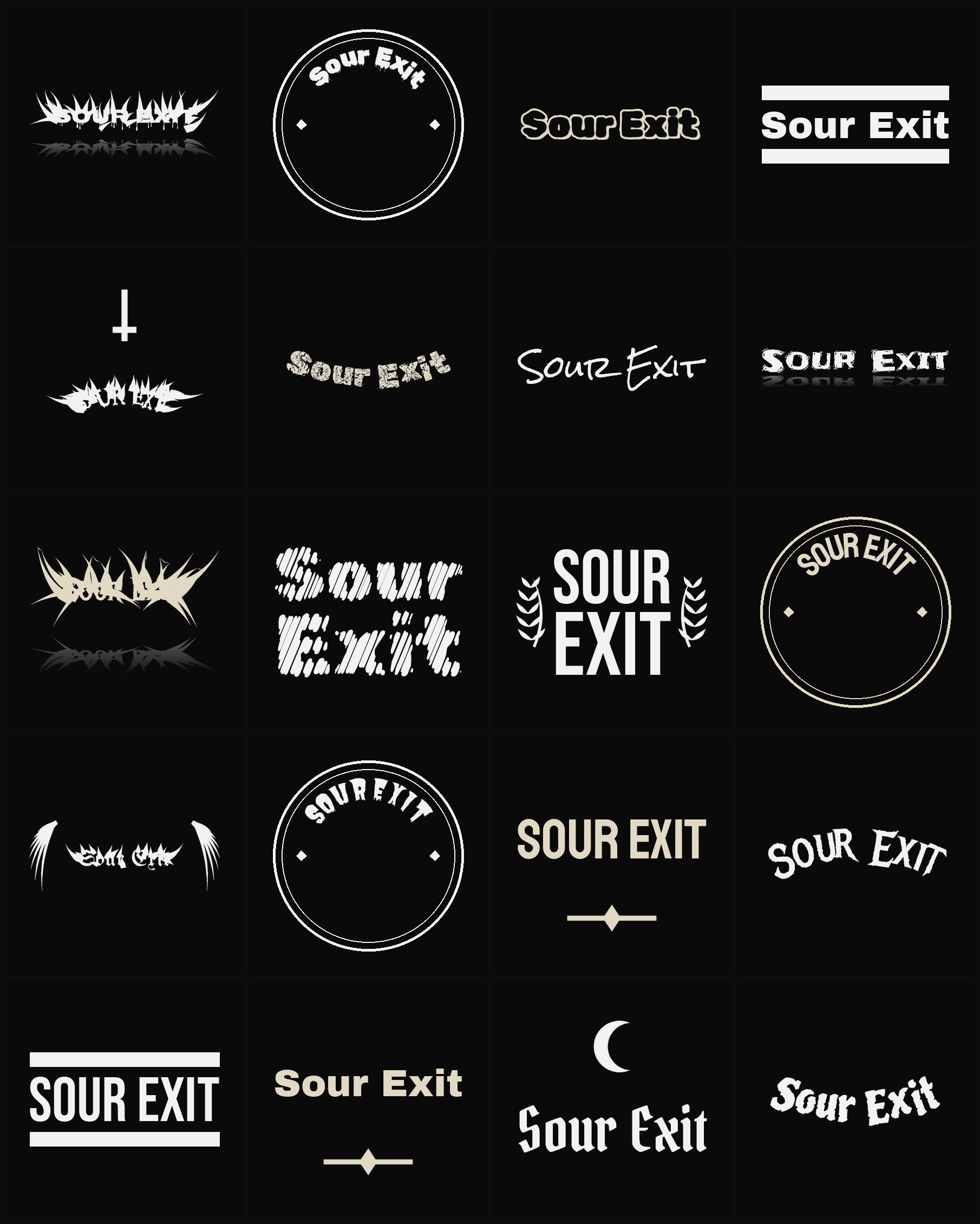 Twenty Sour Exit band logo ideas — different faces, treatments and spike settings