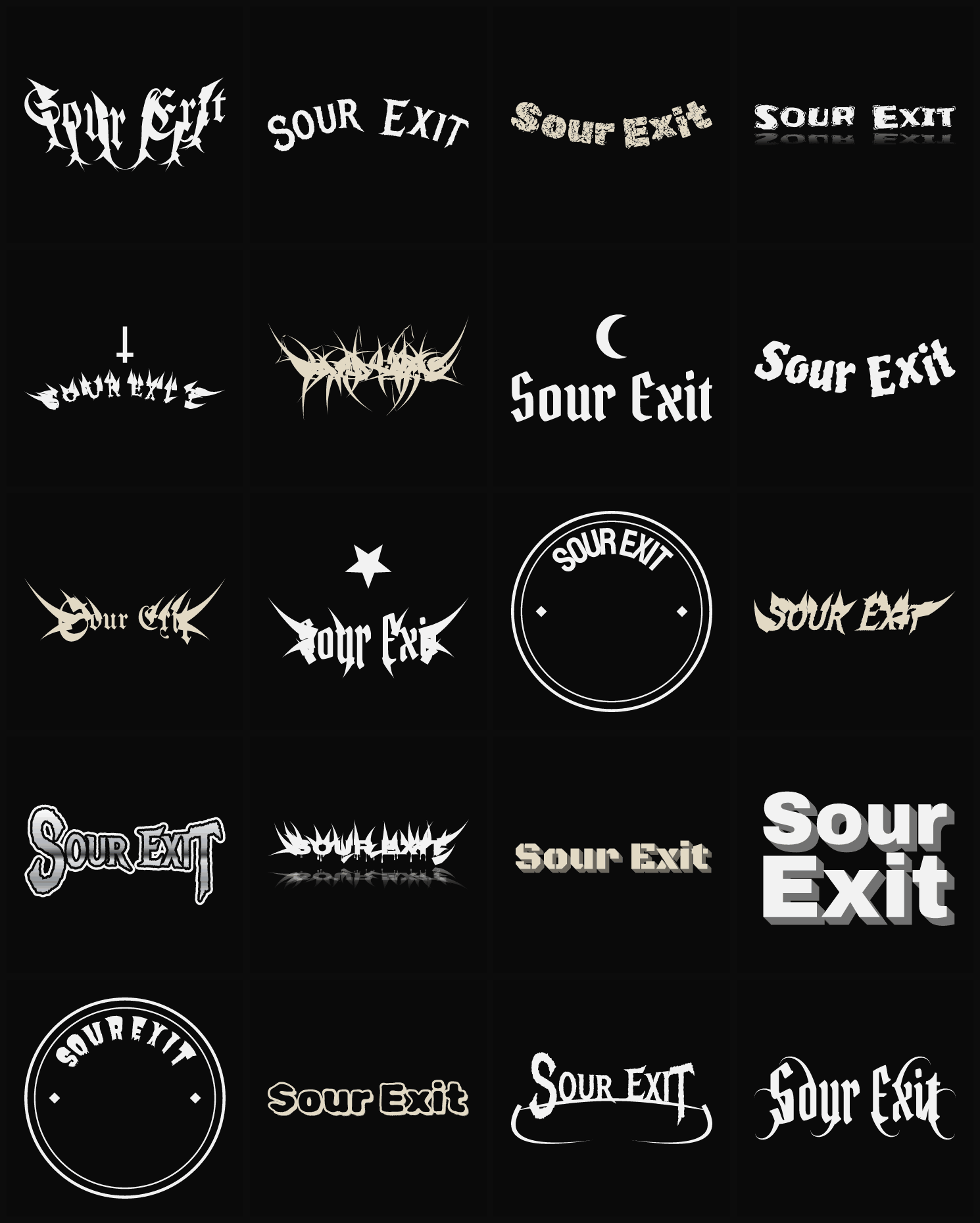 Twenty Sour Exit band logo ideas — different faces, treatments and spike settings