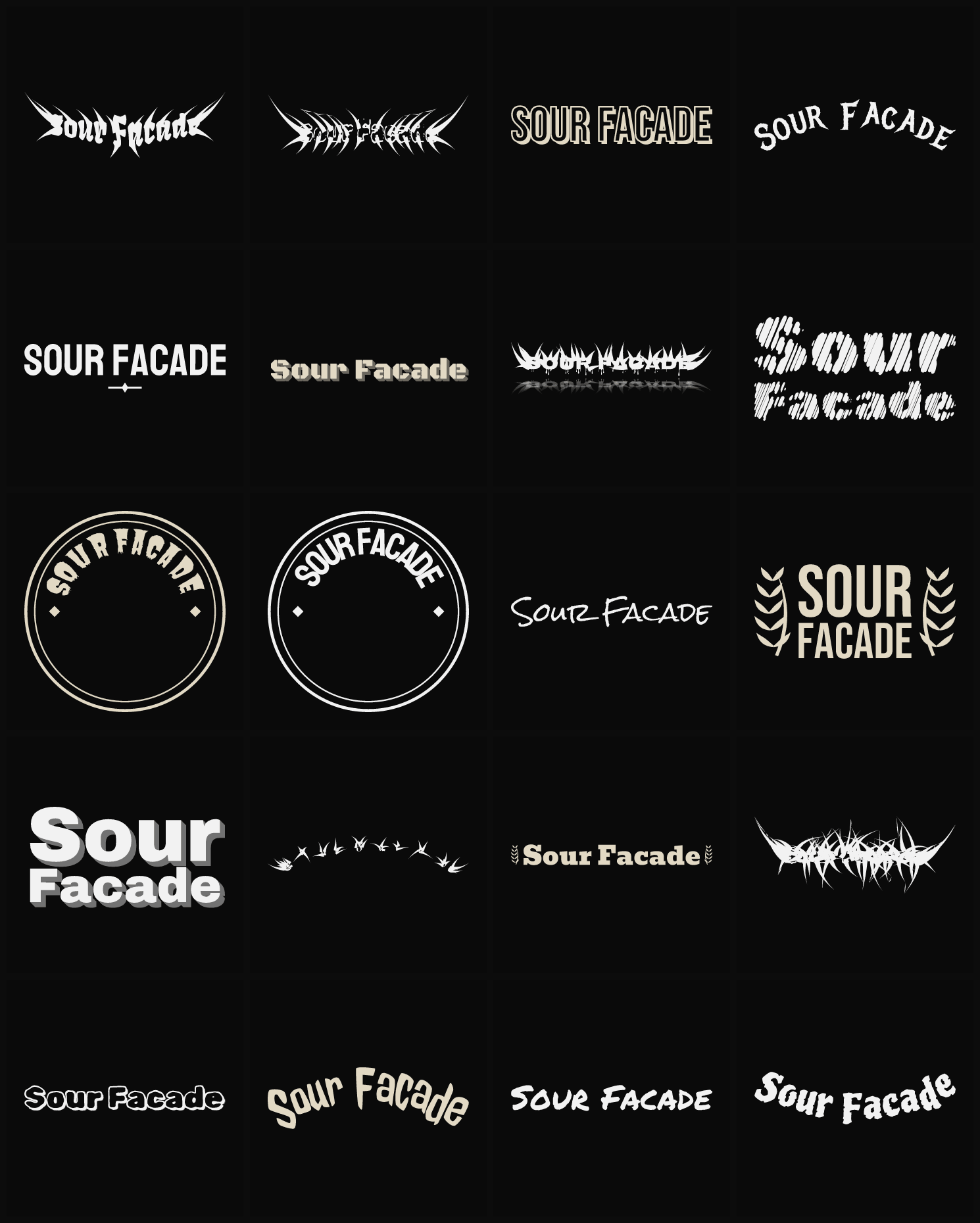Twenty Sour Facade band logo ideas — different faces, treatments and spike settings