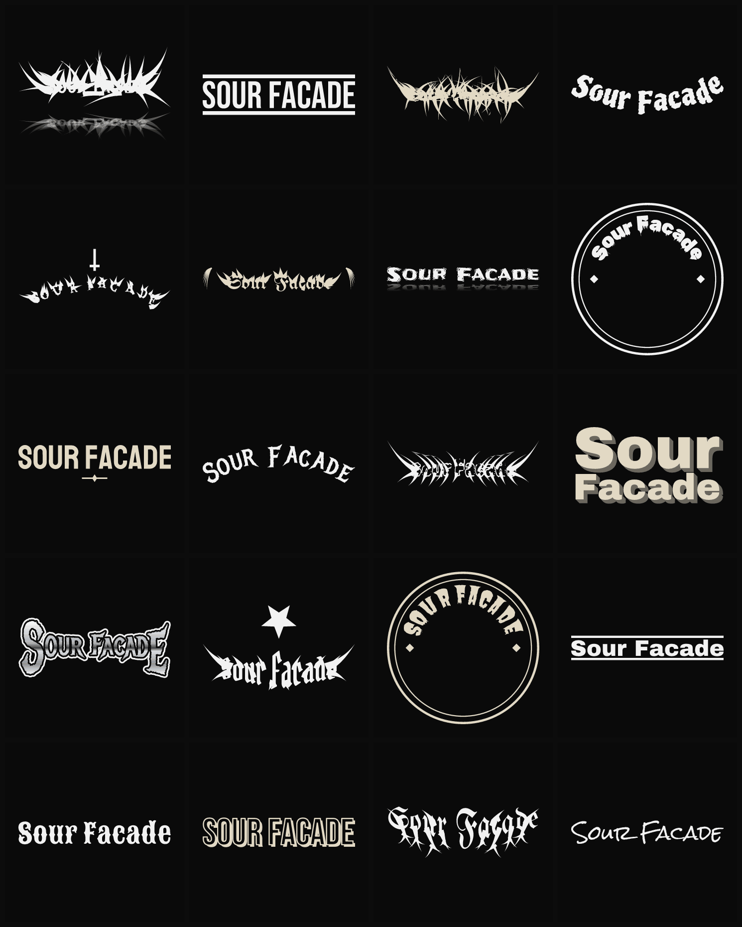 Twenty Sour Facade band logo ideas — different faces, treatments and spike settings