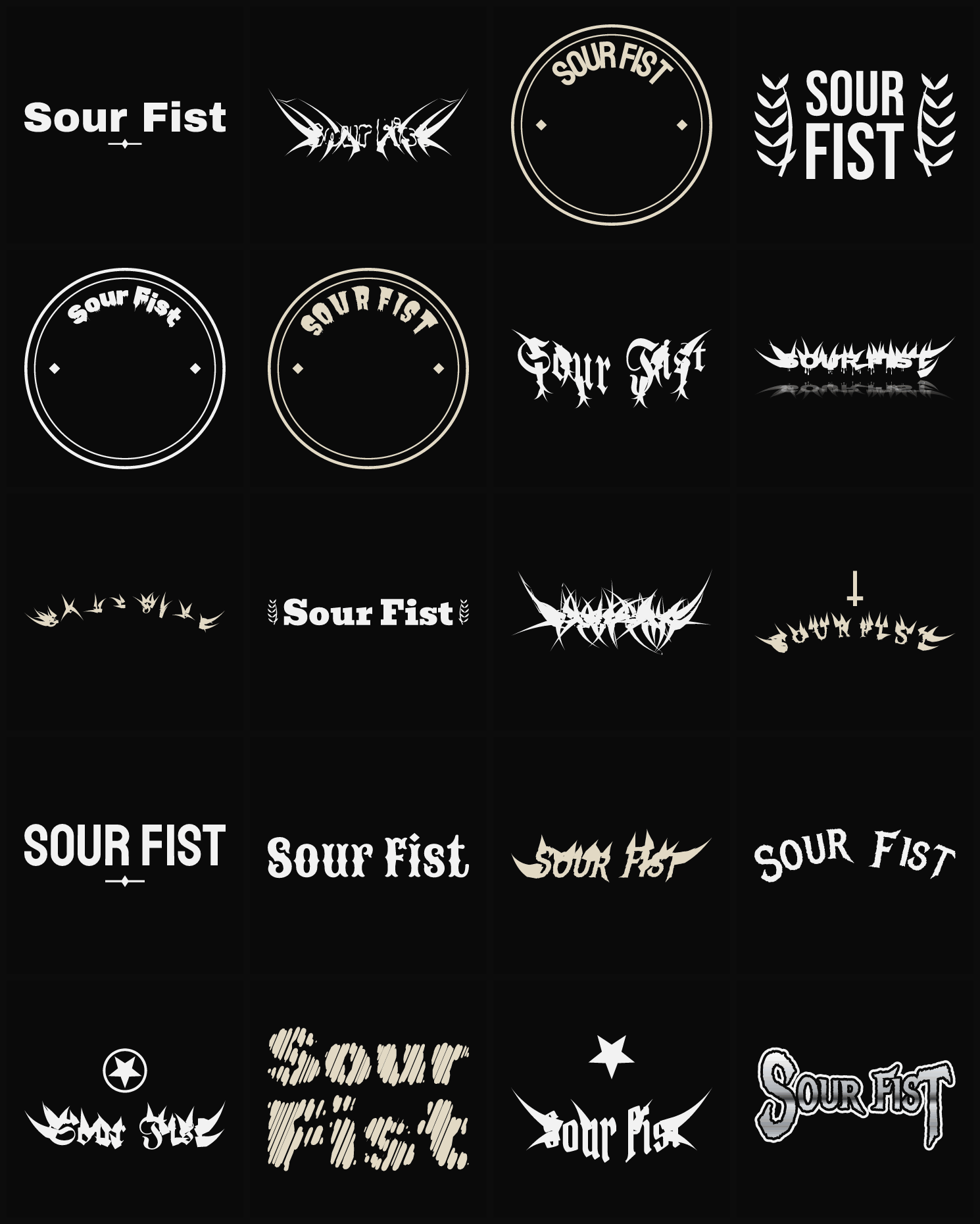 Twenty Sour Fist band logo ideas — different faces, treatments and spike settings