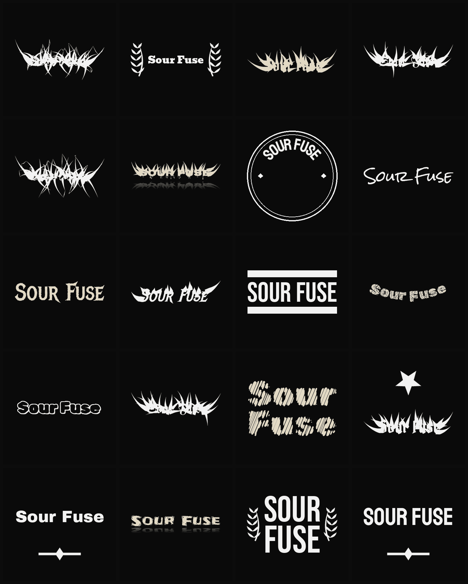 Twenty Sour Fuse band logo ideas — different faces, treatments and spike settings
