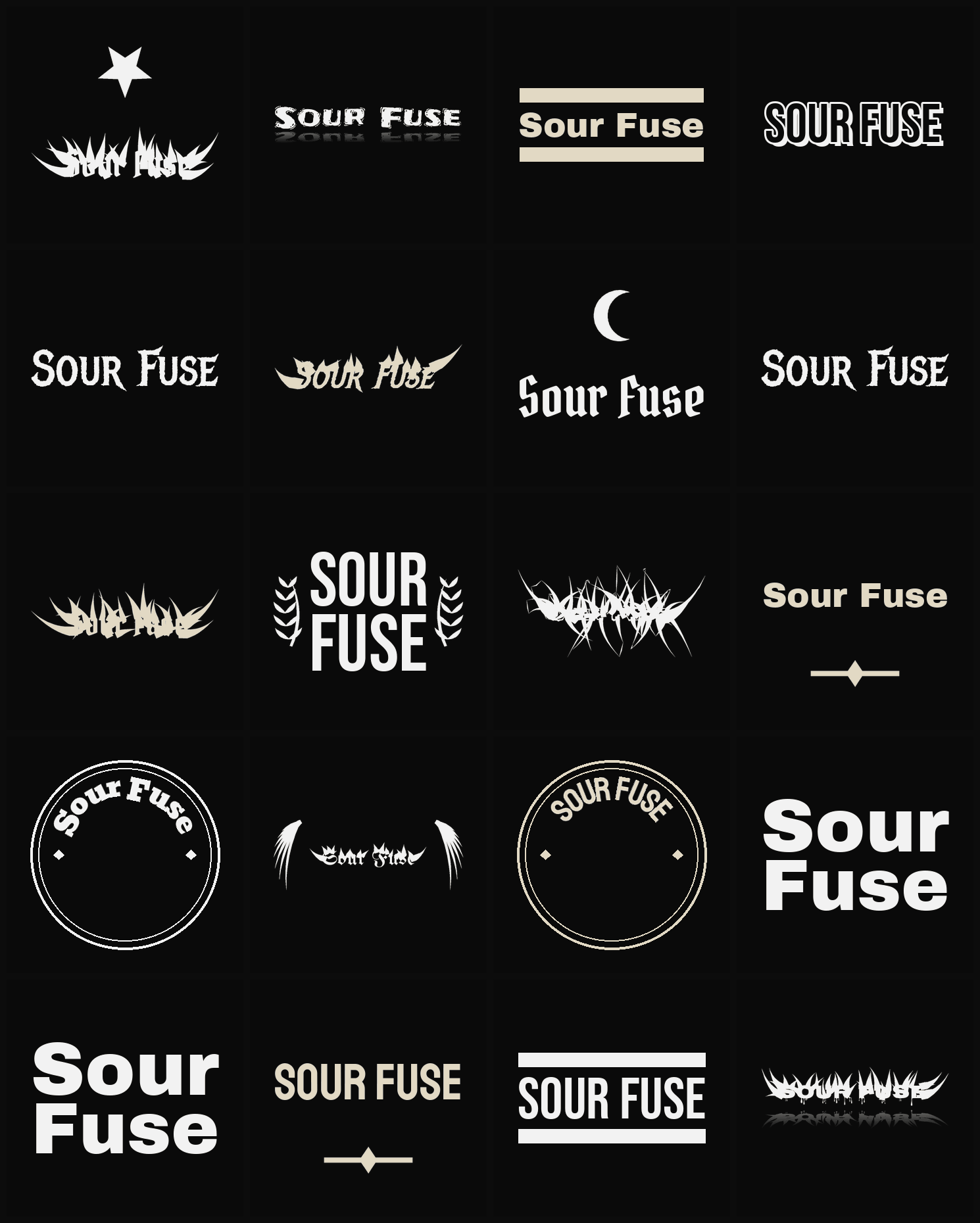 Twenty Sour Fuse band logo ideas — different faces, treatments and spike settings