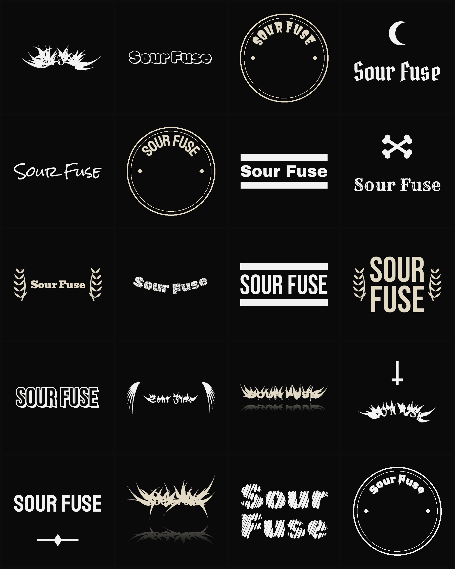 Twenty Sour Fuse band logo ideas — different faces, treatments and spike settings