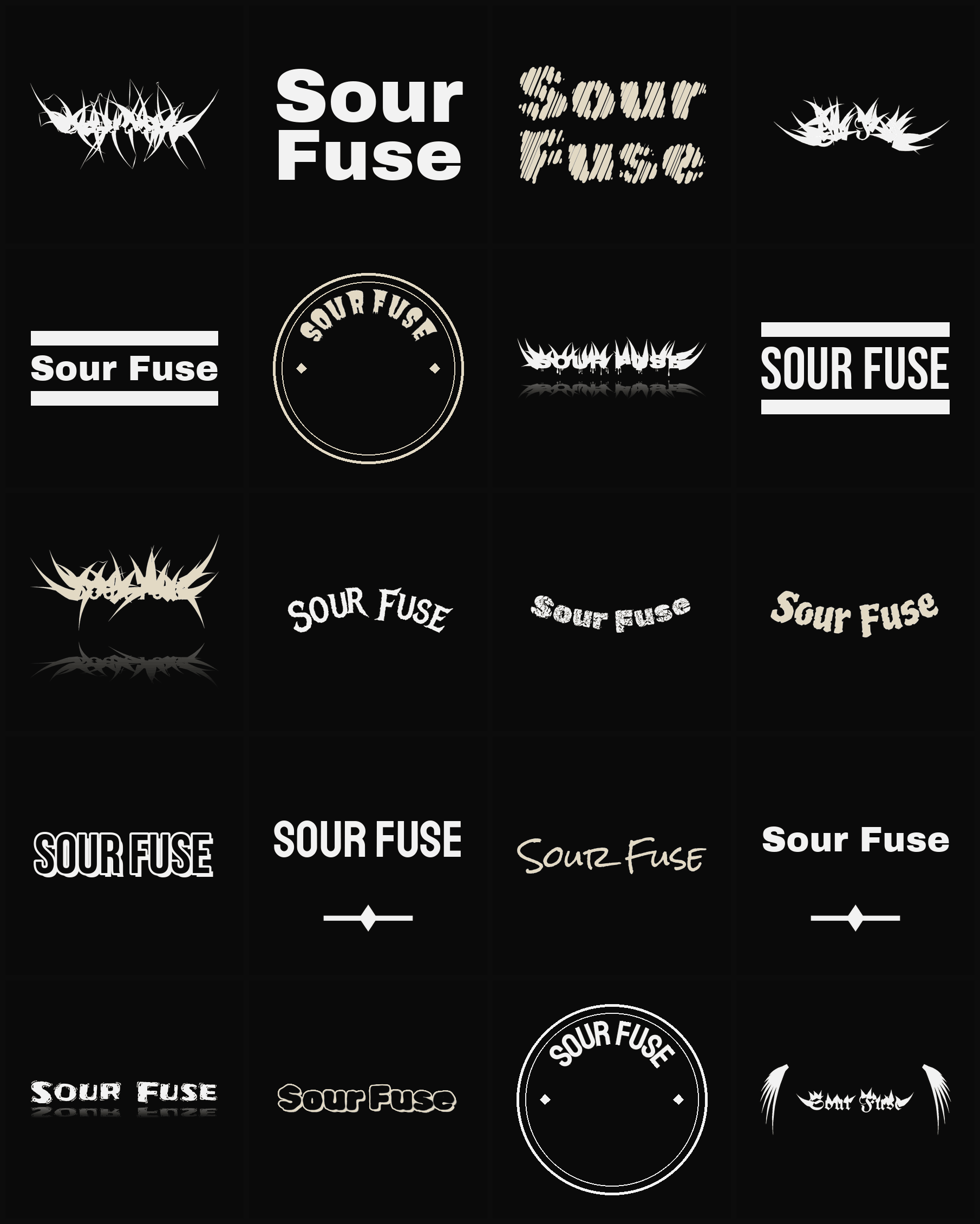 Twenty Sour Fuse band logo ideas — different faces, treatments and spike settings