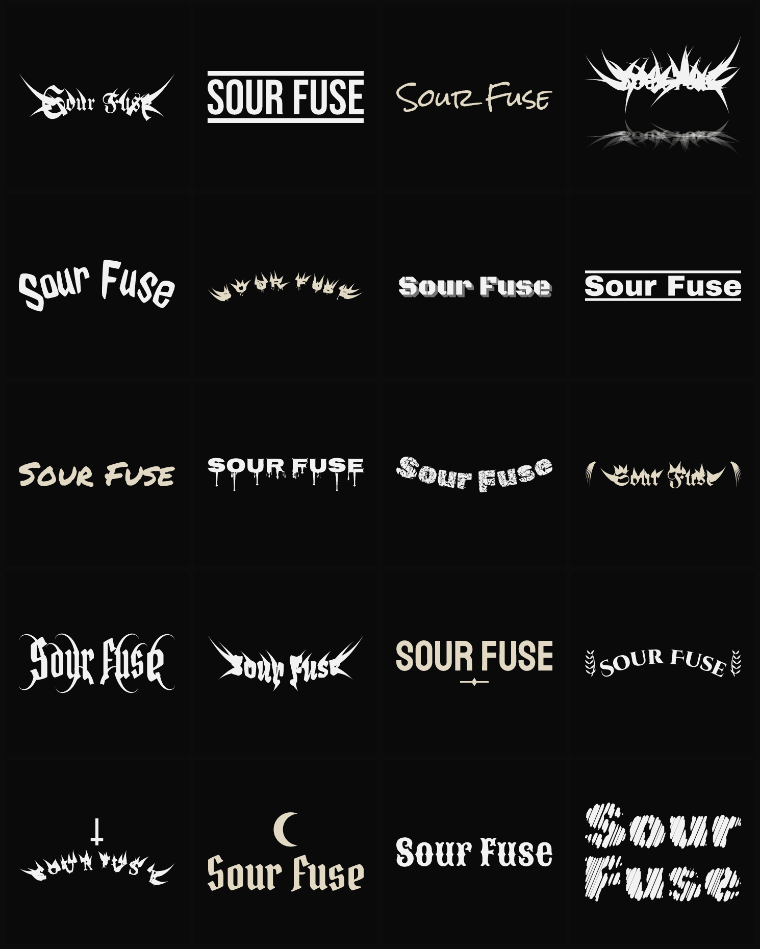 Twenty Sour Fuse band logo ideas — different faces, treatments and spike settings