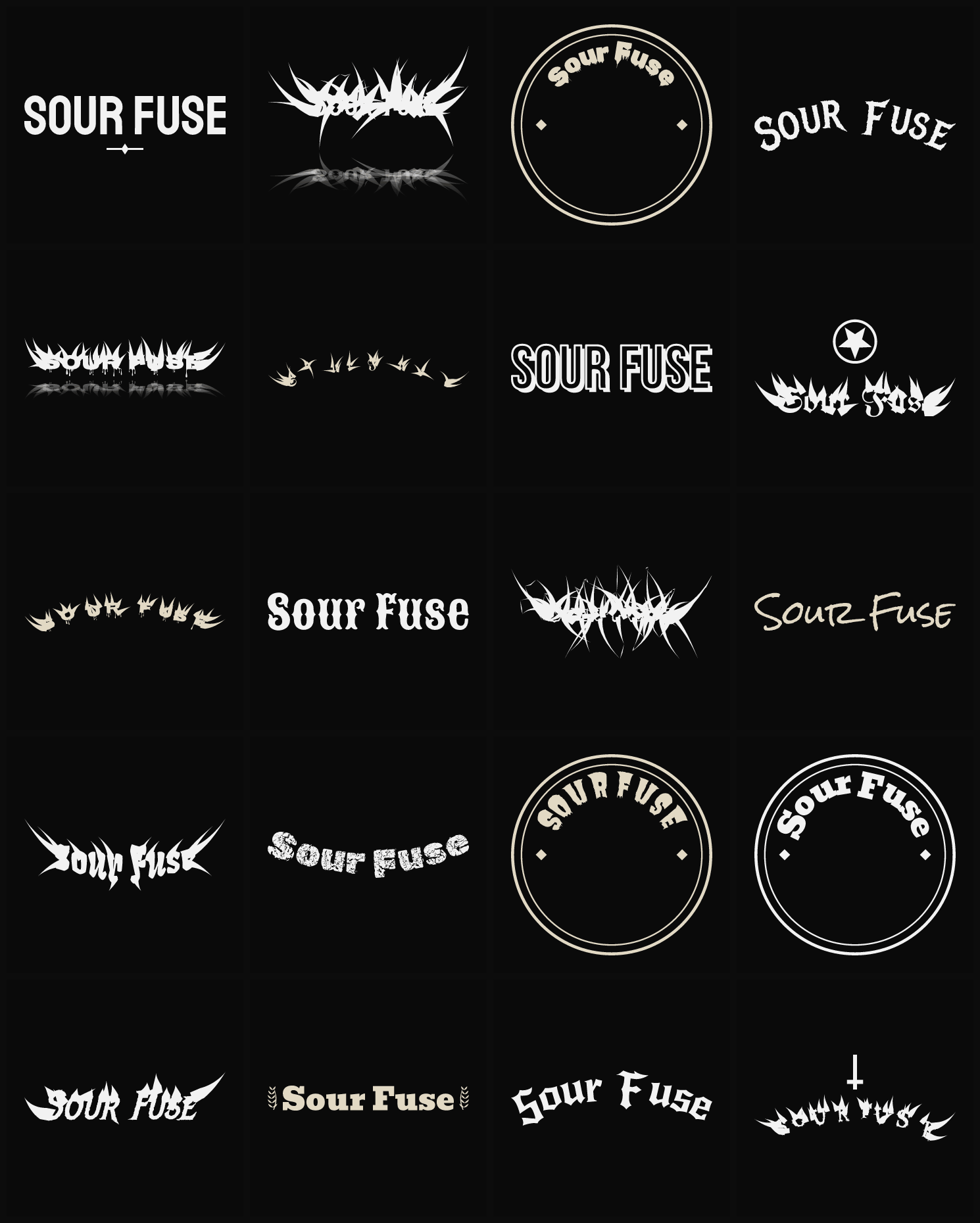 Twenty Sour Fuse band logo ideas — different faces, treatments and spike settings