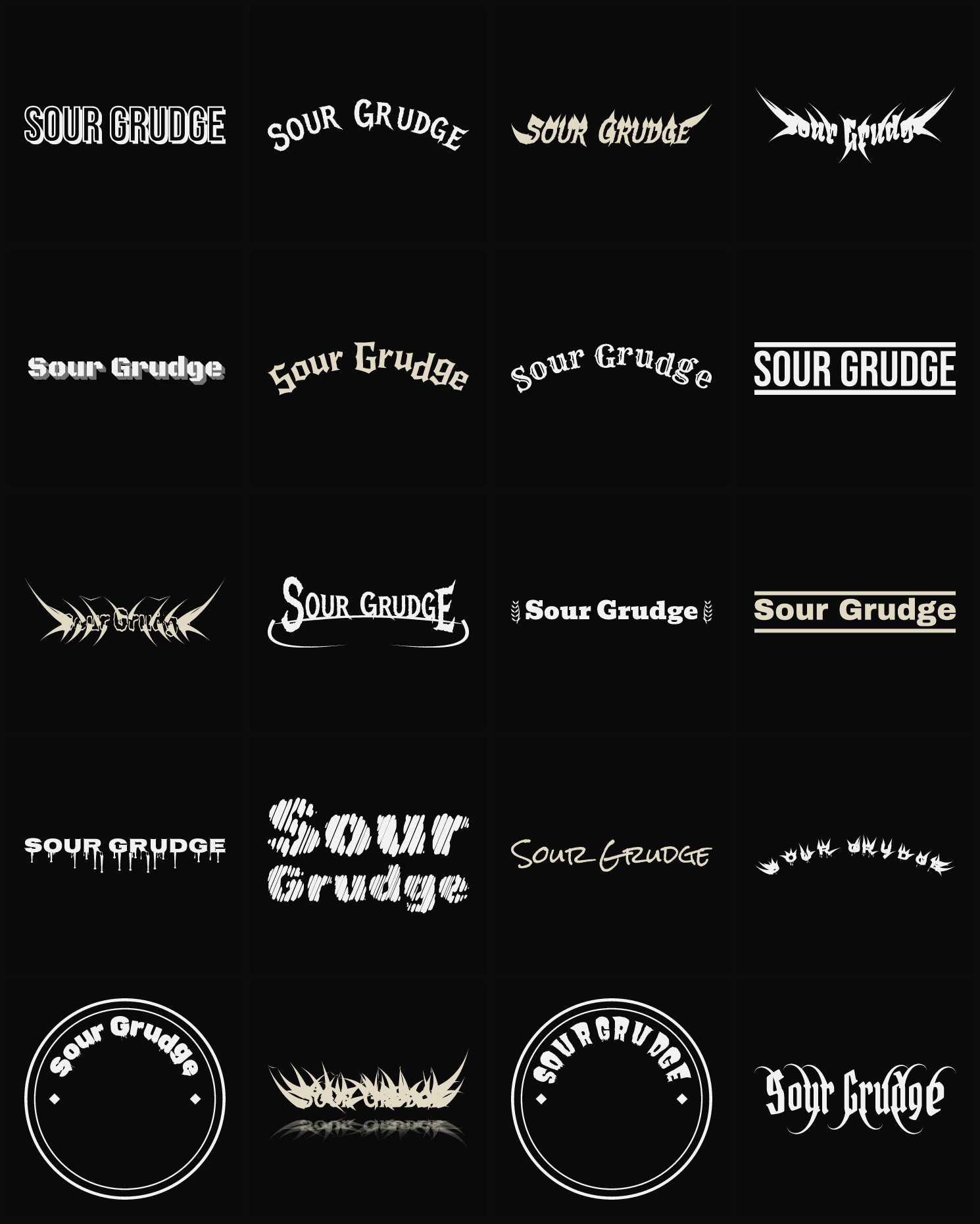 Twenty Sour Grudge band logo ideas — different faces, treatments and spike settings