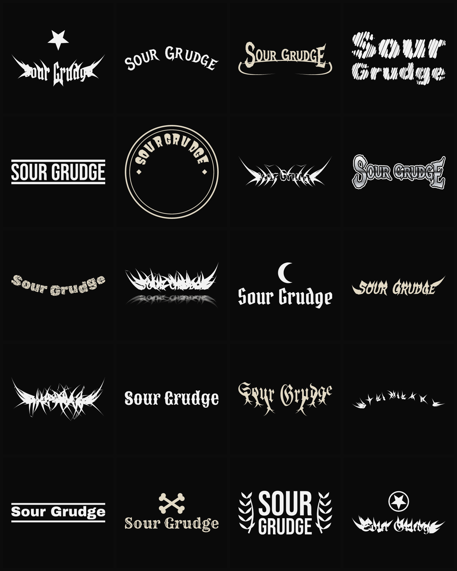 Twenty Sour Grudge band logo ideas — different faces, treatments and spike settings
