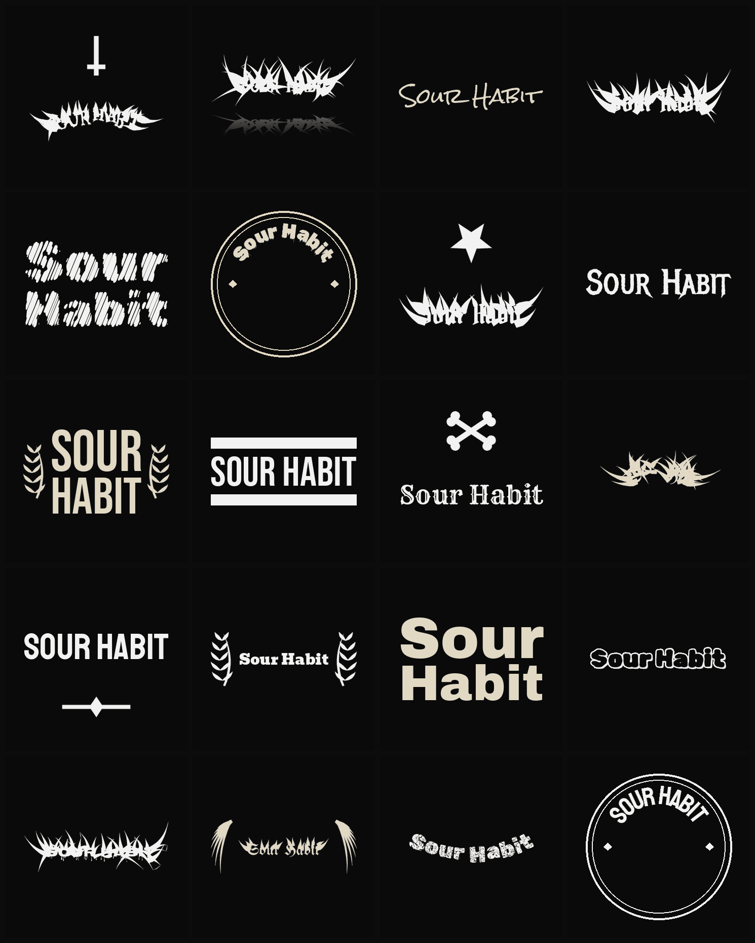 Twenty Sour Habit band logo ideas — different faces, treatments and spike settings