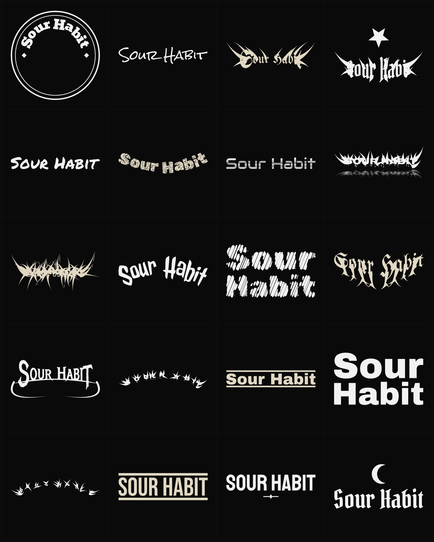 Twenty Sour Habit band logo ideas — different faces, treatments and spike settings