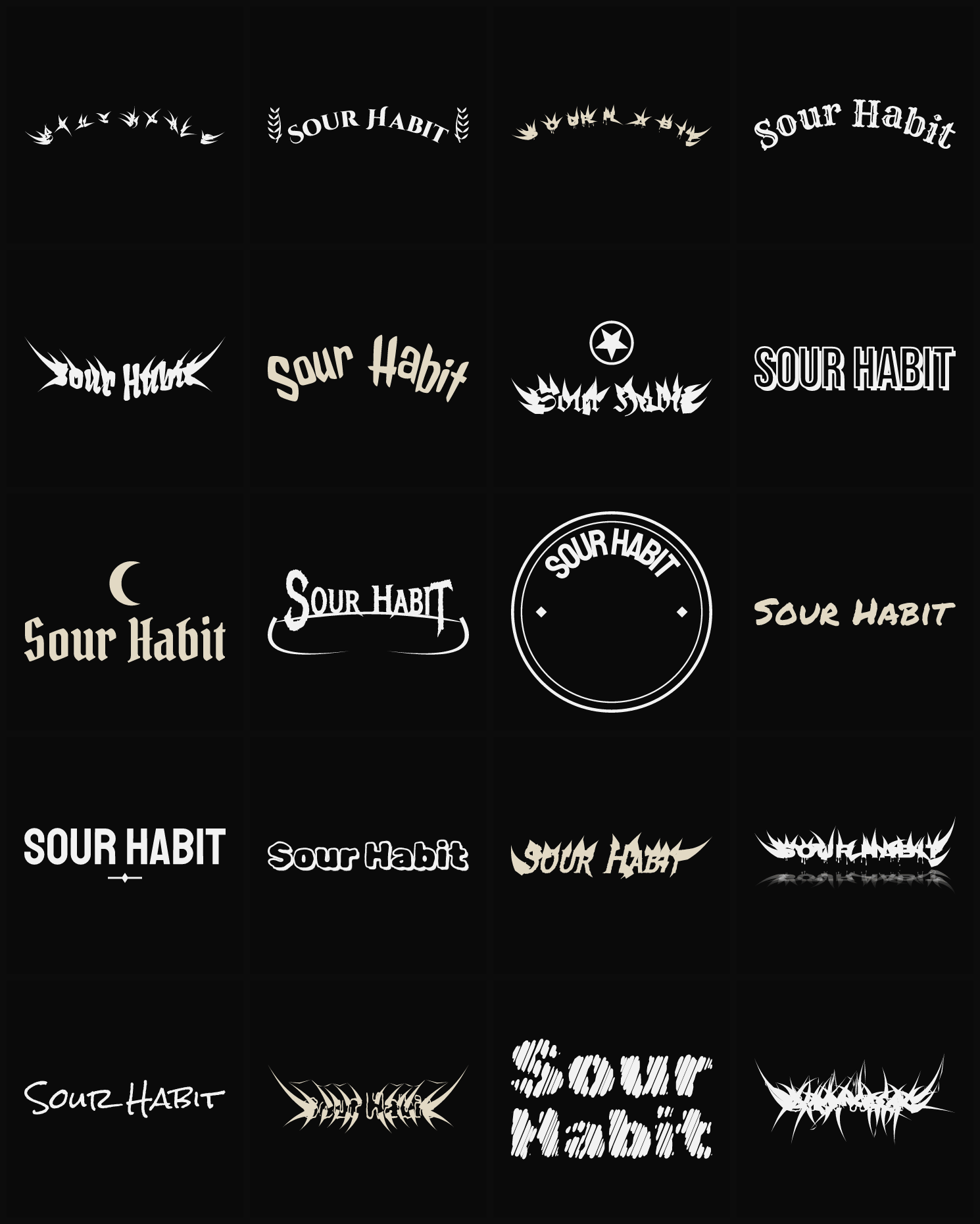 Twenty Sour Habit band logo ideas — different faces, treatments and spike settings
