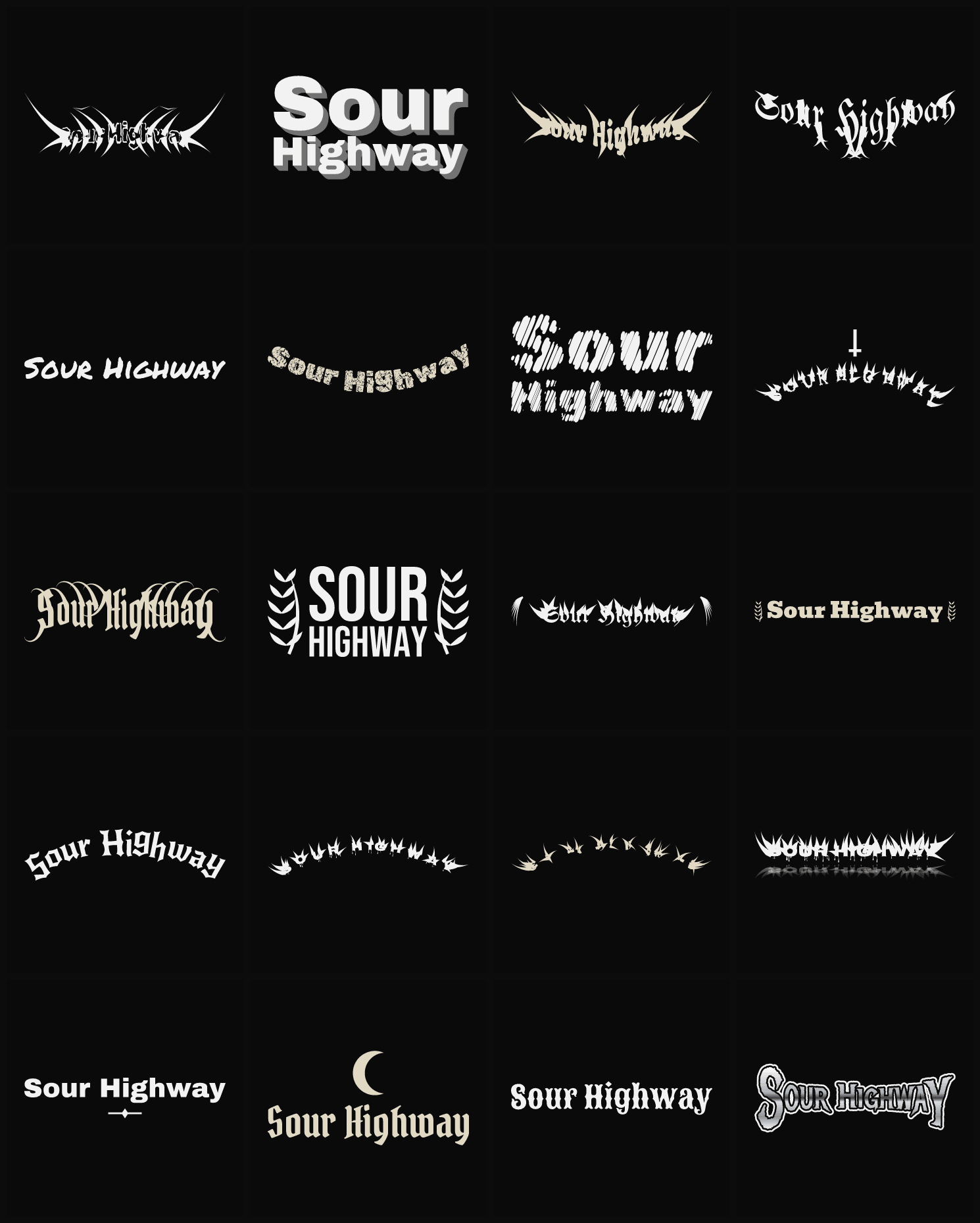 Twenty Sour Highway band logo ideas — different faces, treatments and spike settings