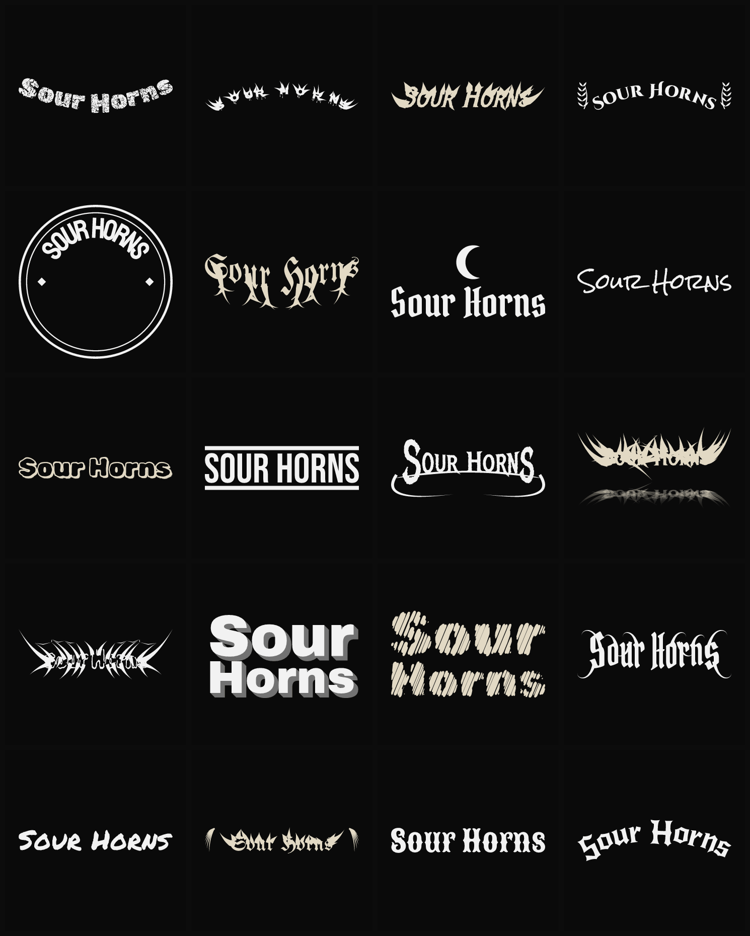 Twenty Sour Horns band logo ideas — different faces, treatments and spike settings