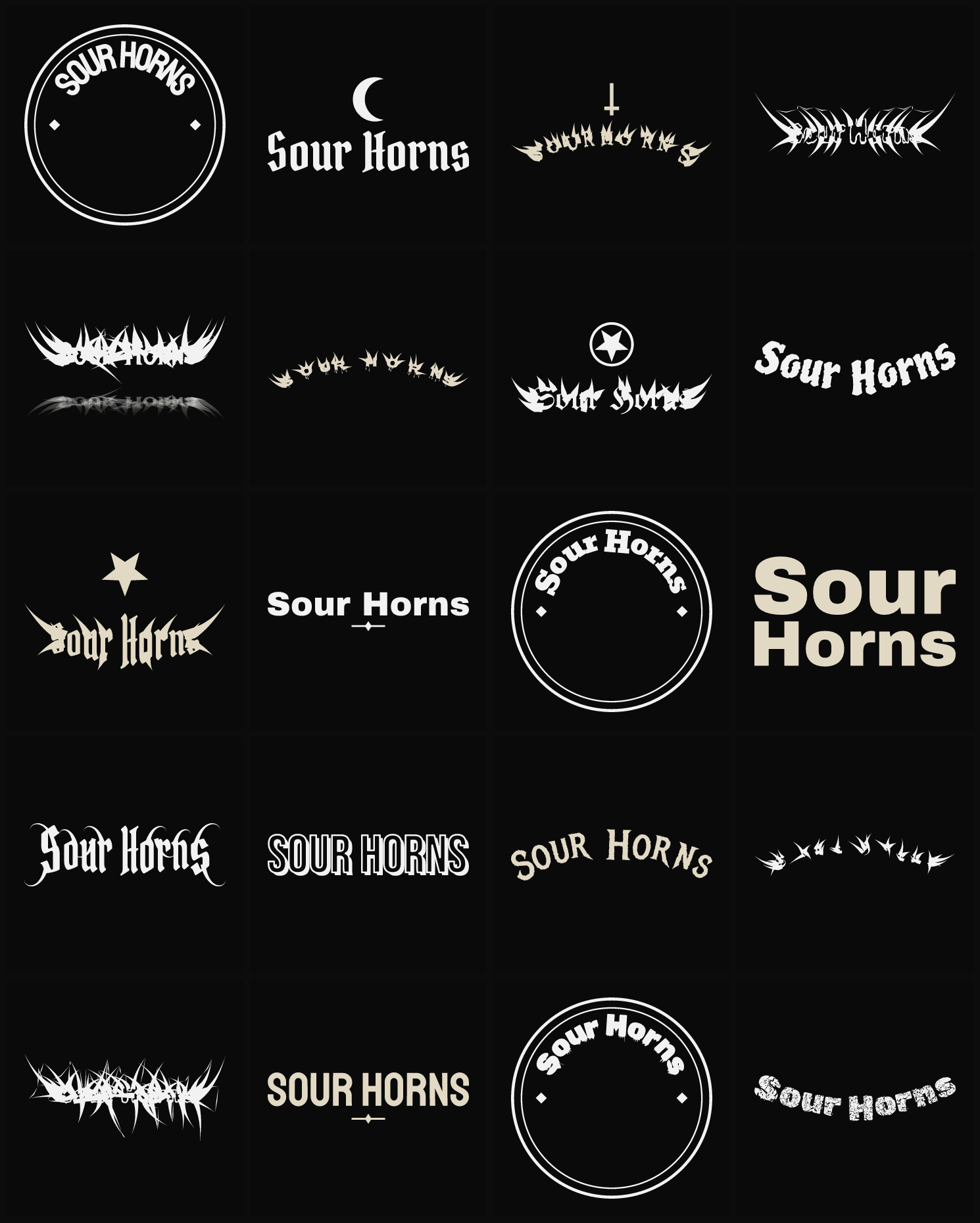Twenty Sour Horns band logo ideas — different faces, treatments and spike settings